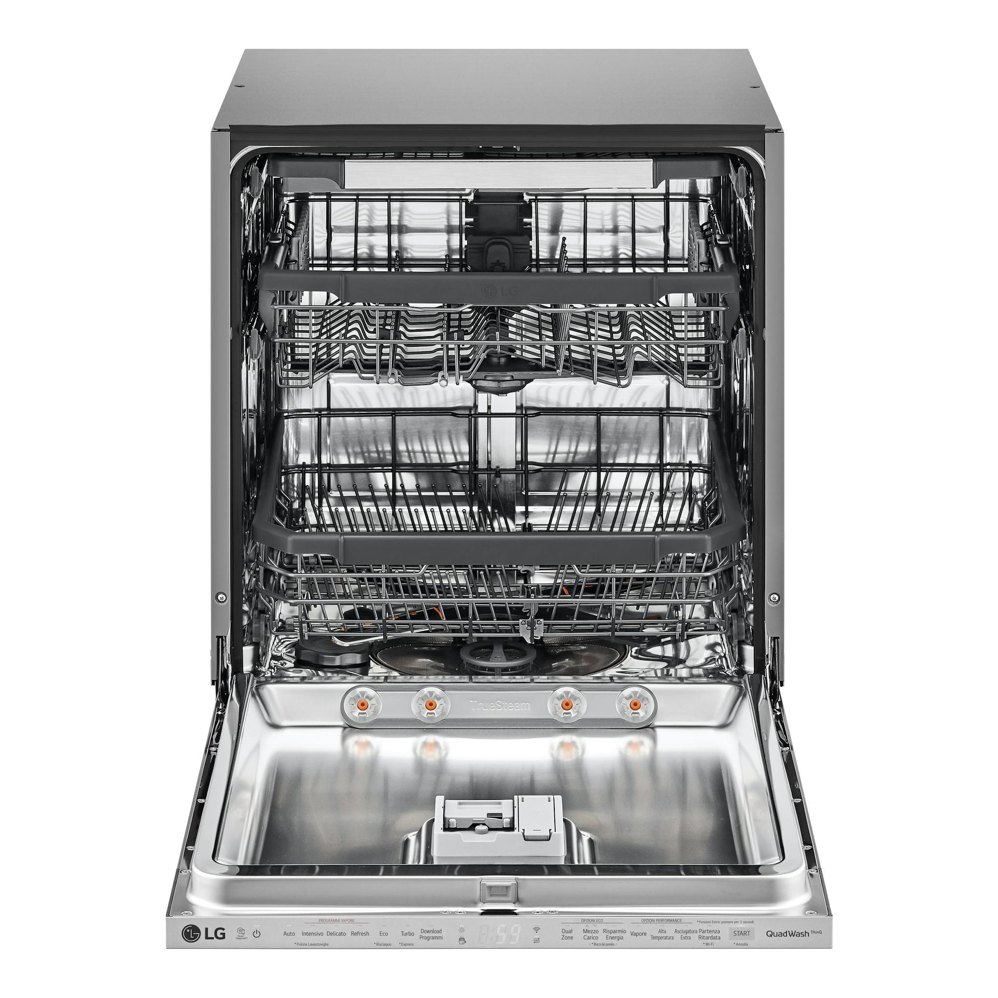 Lavavajillas integrable LG DB325TXS, vista frontal con puerta abierta y cestas interiores de acero inoxidable.