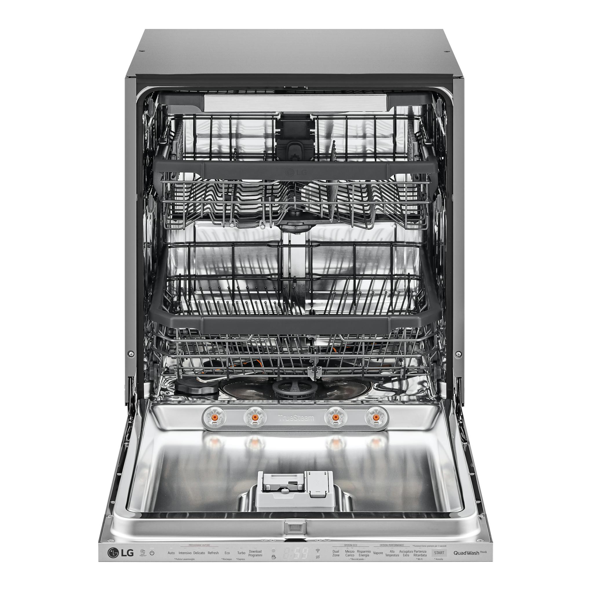 Lavavajillas integrable LG DB325TXS, vista frontal con puerta abierta y cestas interiores de acero inoxidable.