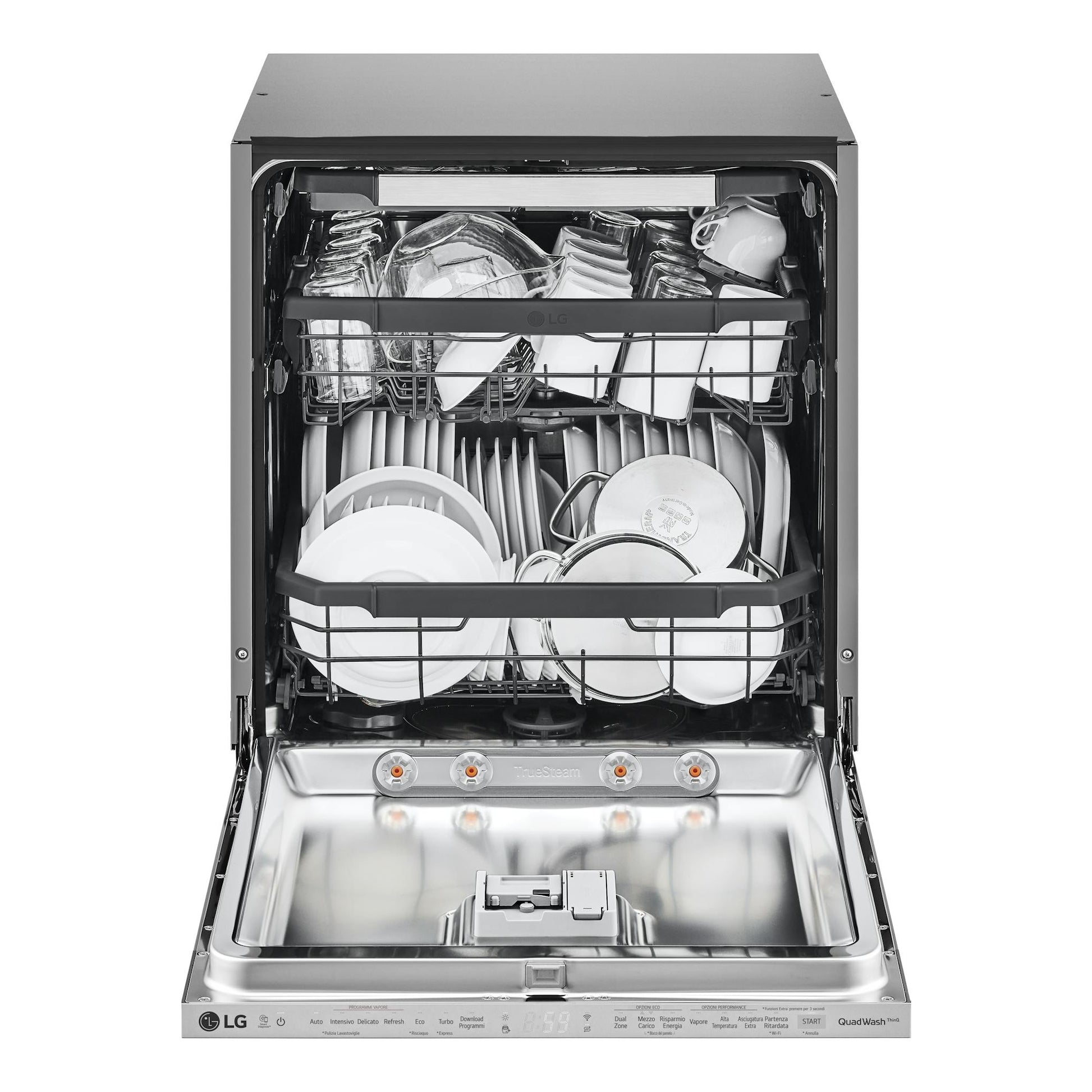 Lavavajillas LG DB325TXS integrable, vista frontal abierta, con platos y vasos en las cestas.