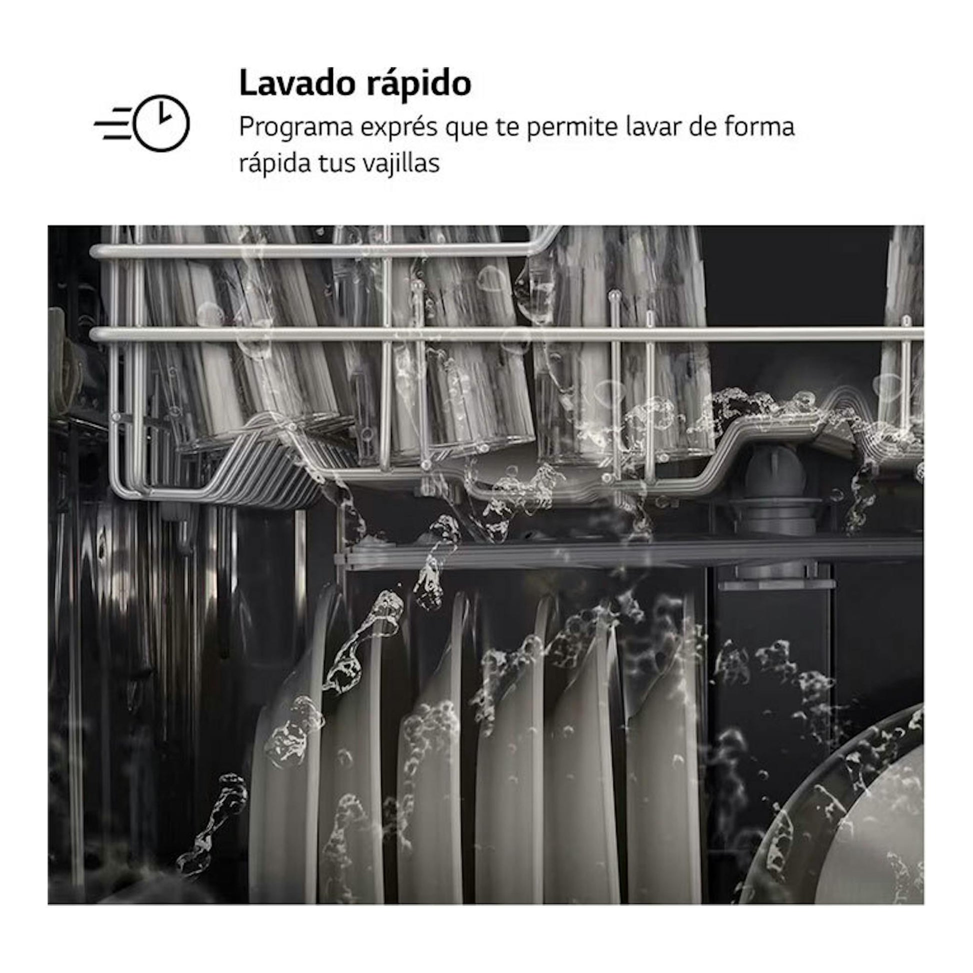 Interior de lavavajillas LG DF030FL con vasos y platos, agua pulverizada y texto “Lavado rápido”.