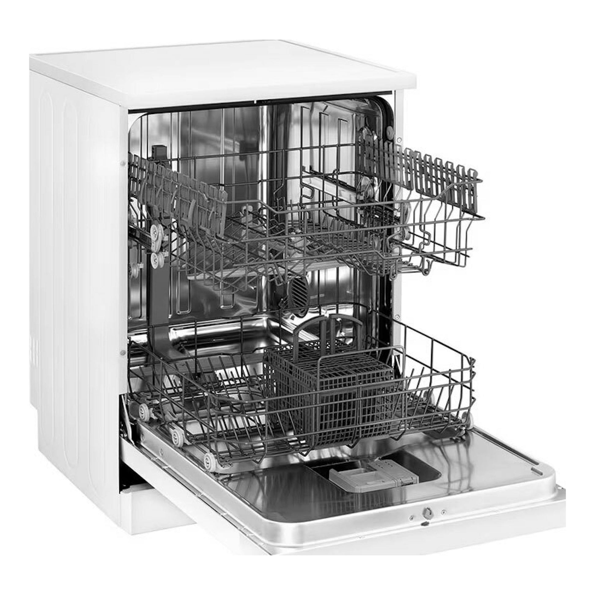 Lavavajillas LG DF030FW de 60 cm, blanco, vista frontal abierta con dos cestas visibles.