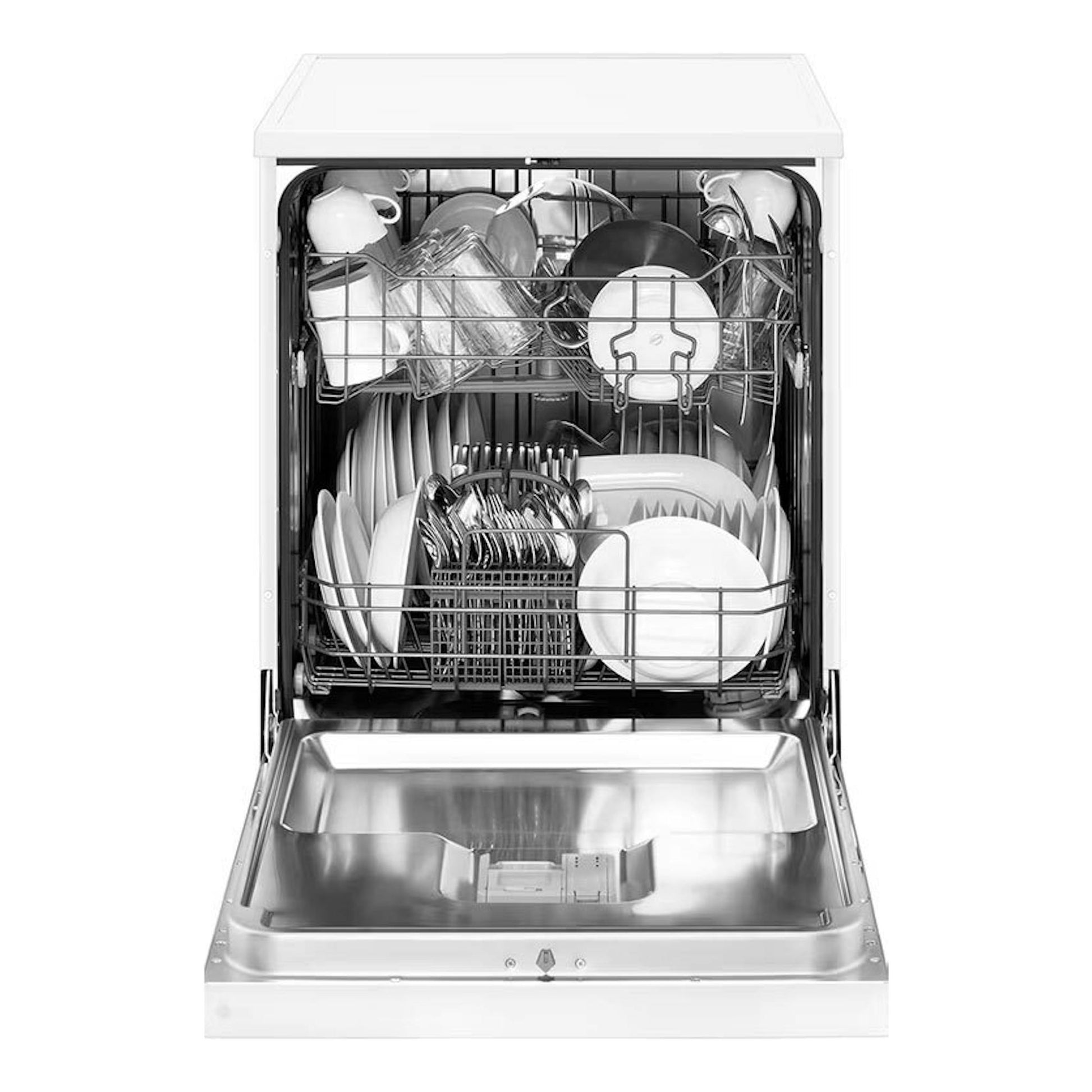 Lavavajillas LG DF030FW blanco, vista frontal abierta, con cestas llenas de vajilla.