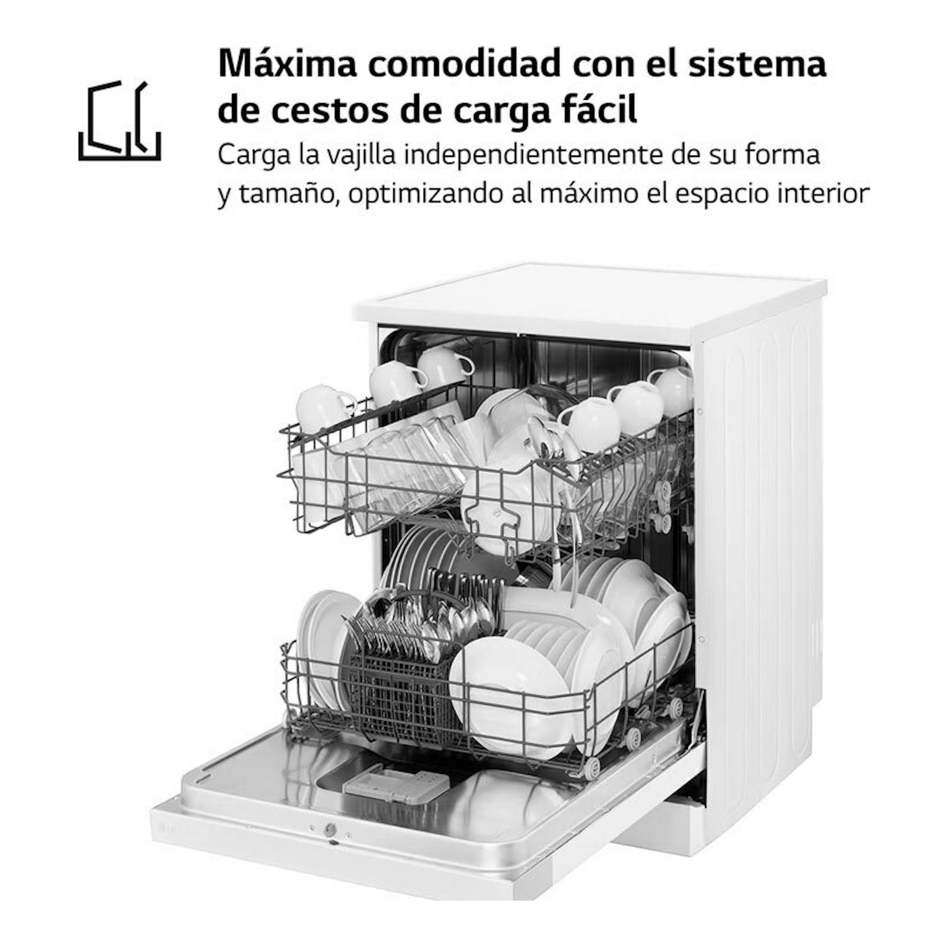 LG DF030FW lavavajillas blanco de 60 cm, abierto de frente, con cestos llenos de platos y vasos.