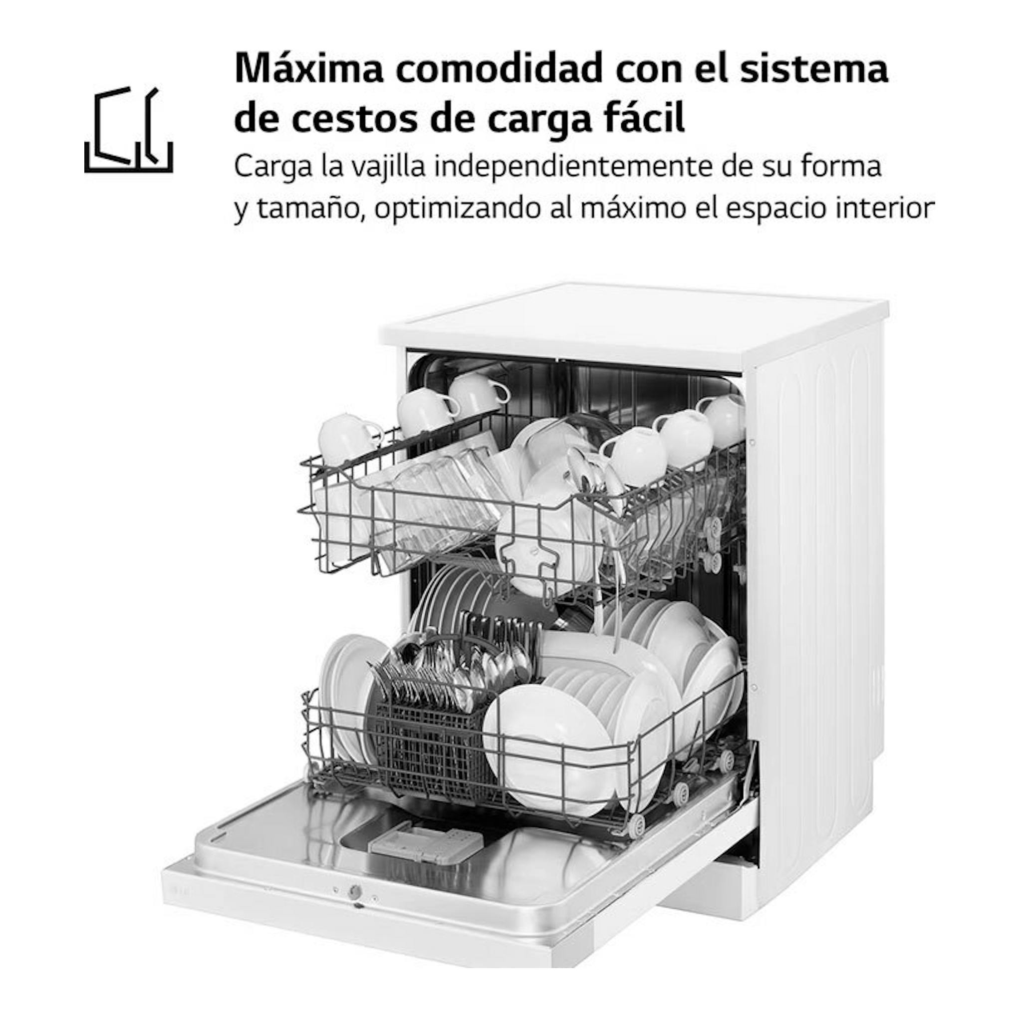LG DF030FW lavavajillas blanco de 60 cm, abierto de frente, con cestos llenos de platos y vasos.