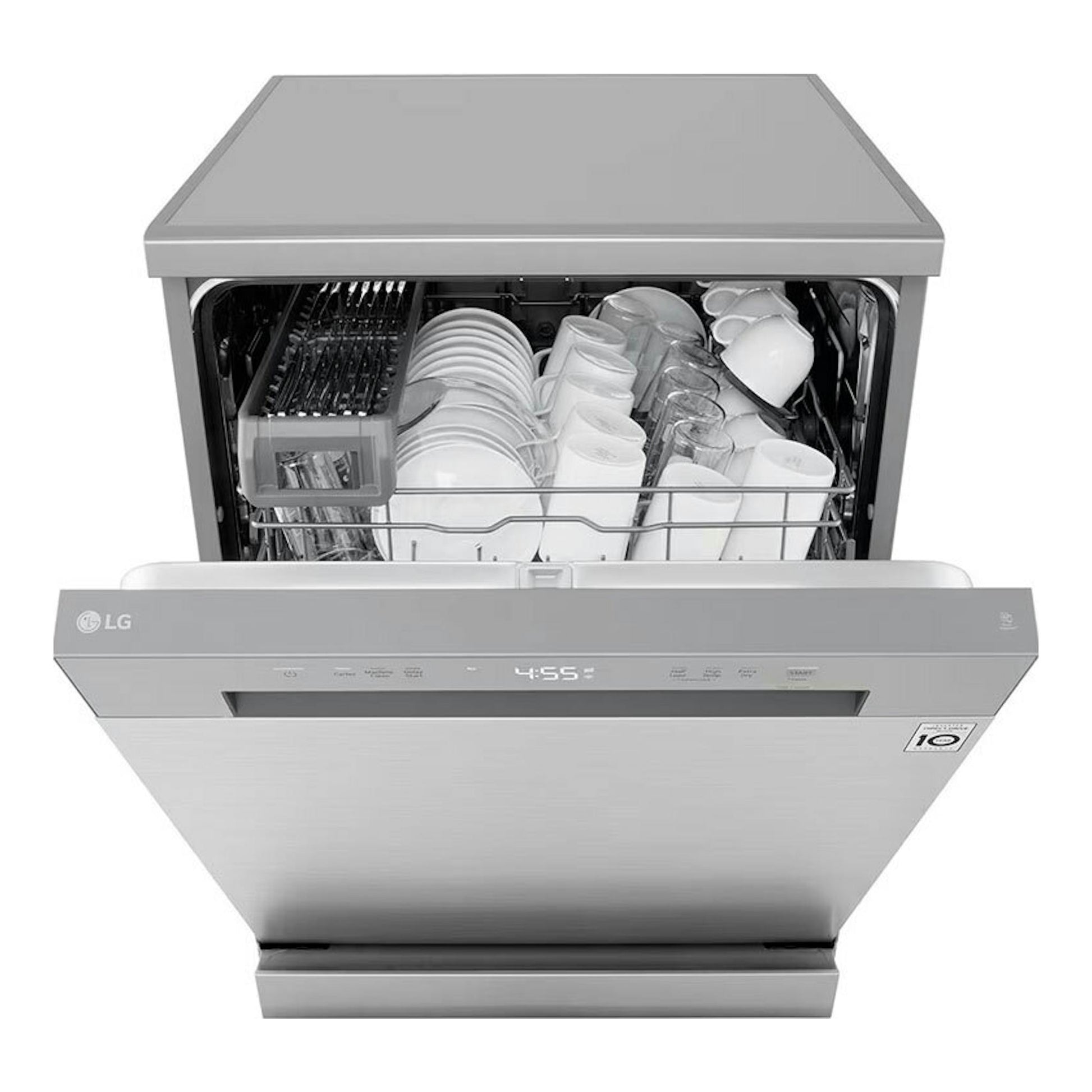 Lavavajillas LG DF142FV de 60 cm, vista frontal en acero inoxidable, puerta abierta y cestos con vajilla.