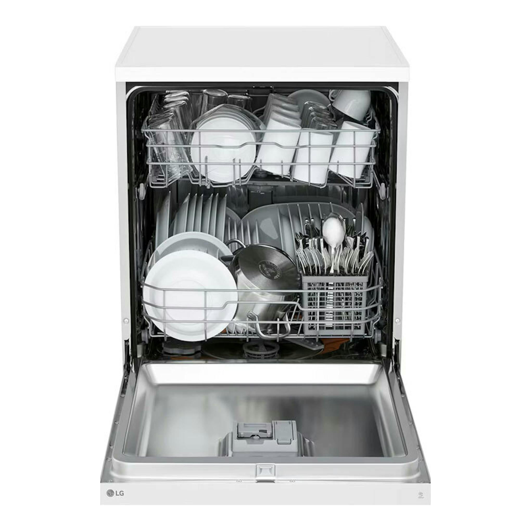 Lavavajillas LG DF142FW blanco, vista frontal con puerta abatida y cestas llenas de platos y cubiertos.