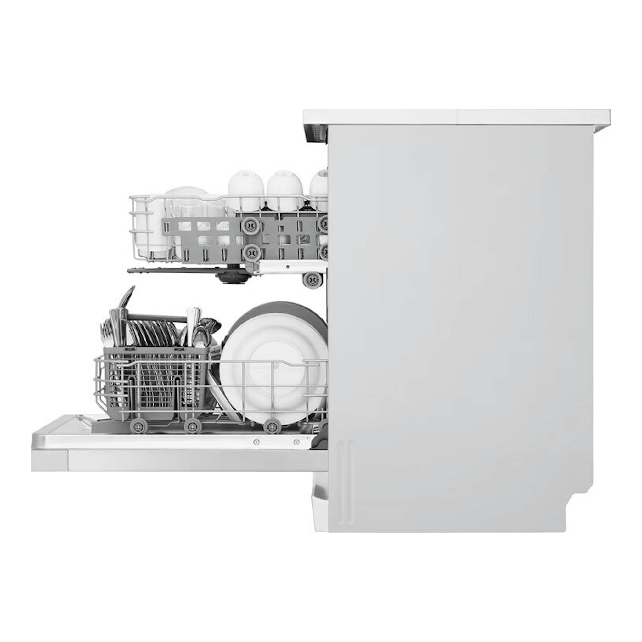Lavavajillas LG DF142FW blanco, vista lateral con puerta abierta y cestas con platos y vasos.