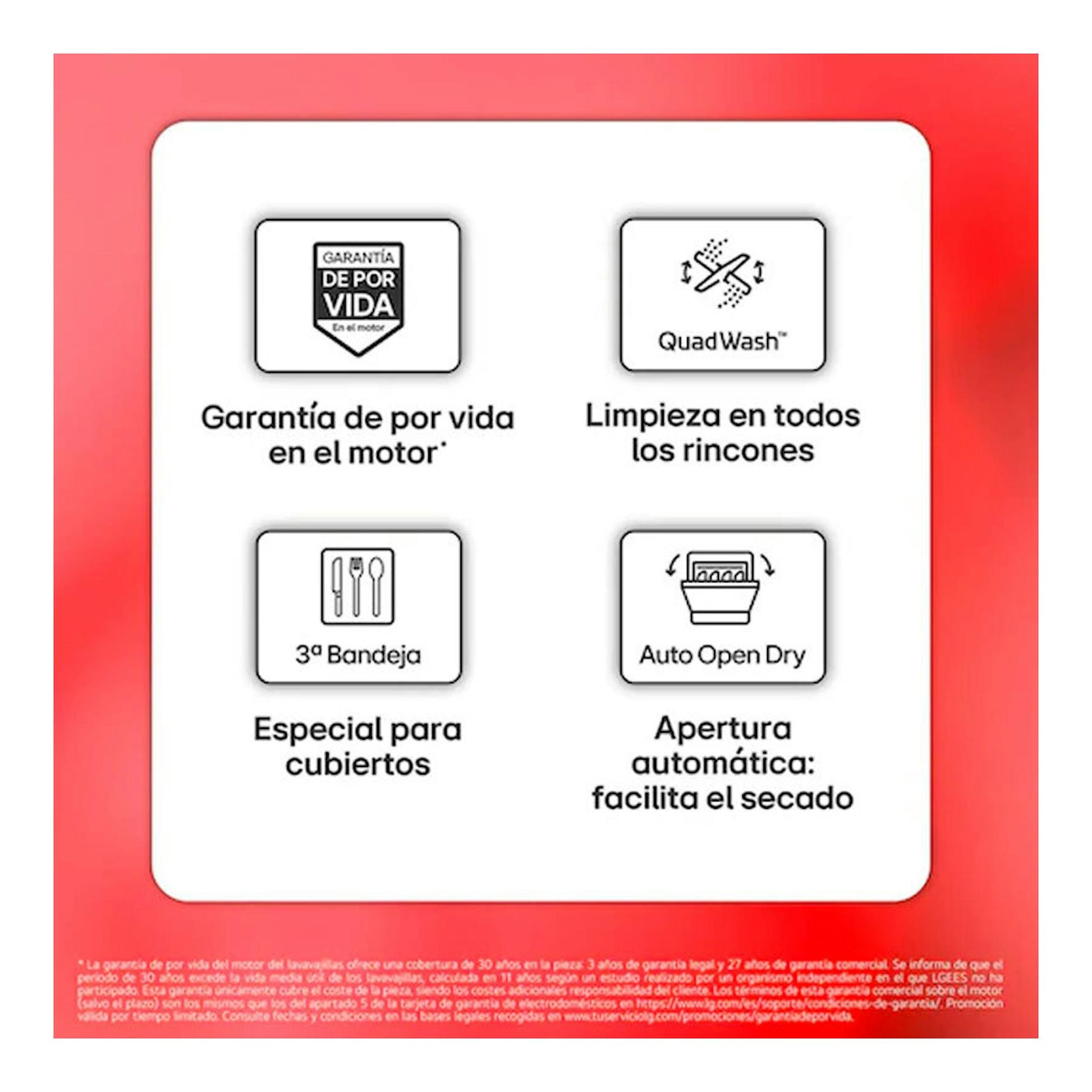 Infografía frontal de LG DF273FV Inox con cuatro iconos: garantía del motor, QuadWash, 3ª bandeja y Auto Open Dry.