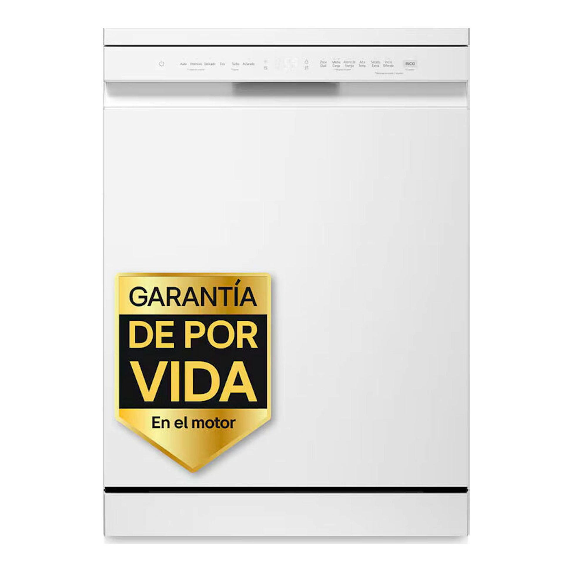 Lavavajillas LG DF273FW blanco, vista frontal, con distintivo de garantía de por vida en el motor.