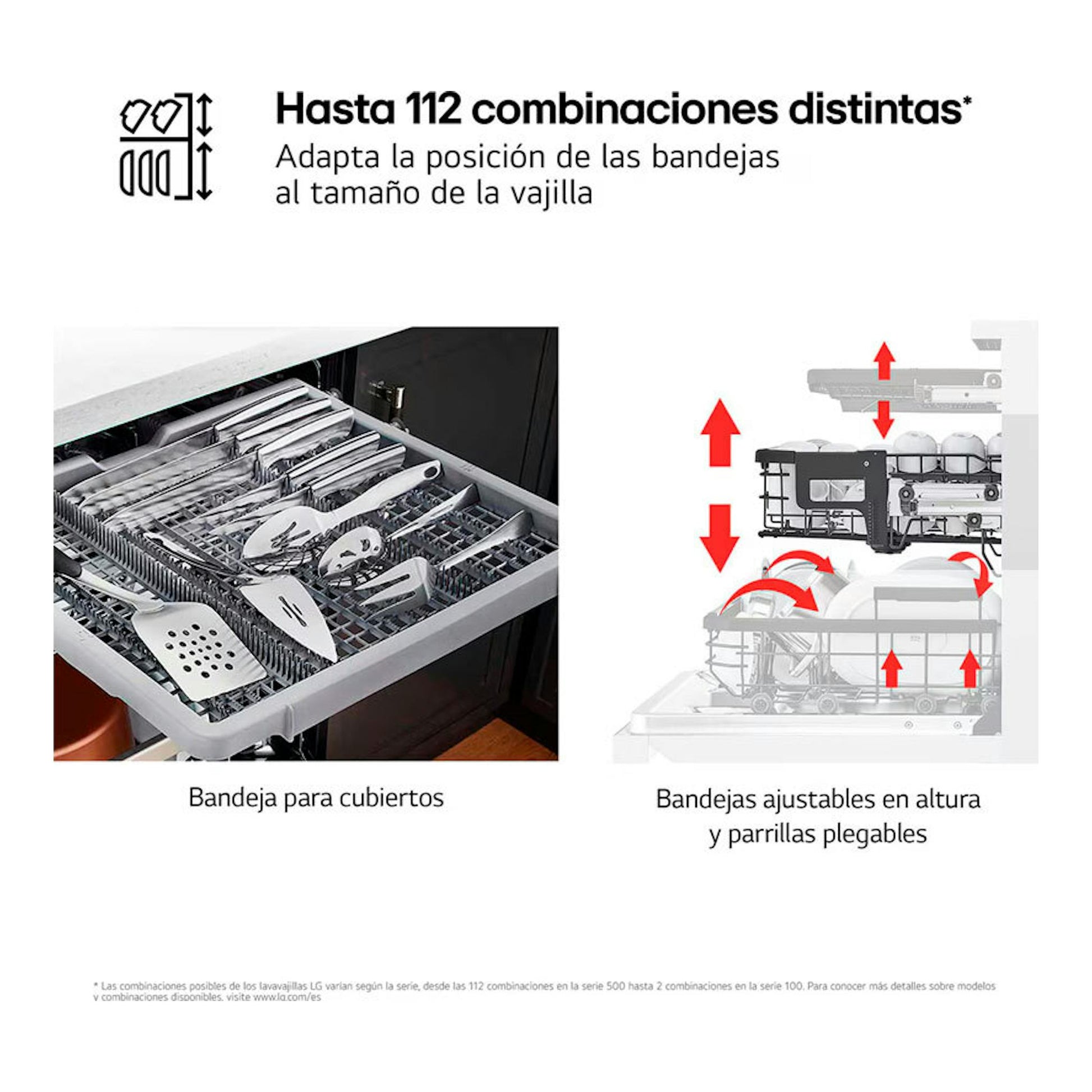 LG DF273FW: gráfico de lavavajillas con bandeja para cubiertos y cestas ajustables en altura.