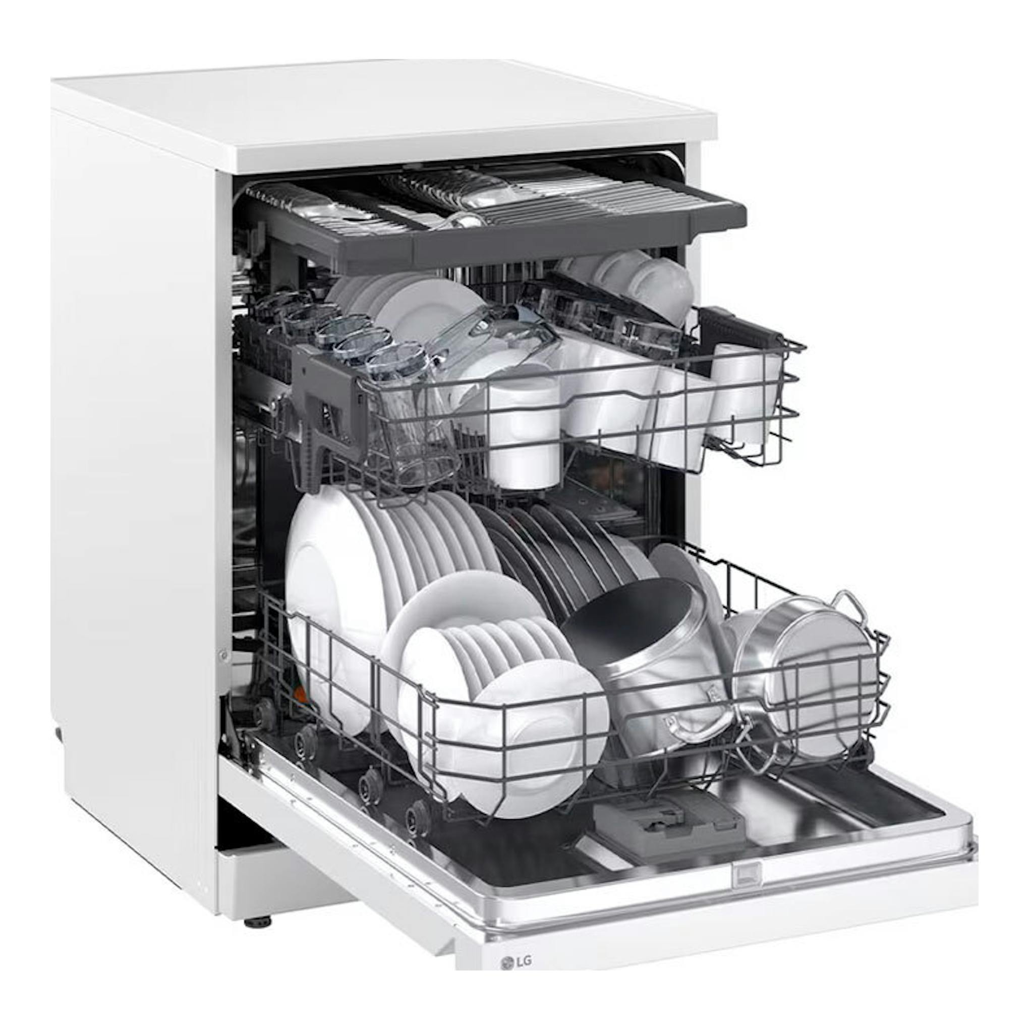 Lavavajillas LG DF273FW blanco, vista frontal en tres cuartos con la puerta abatida y cestas con vajilla.