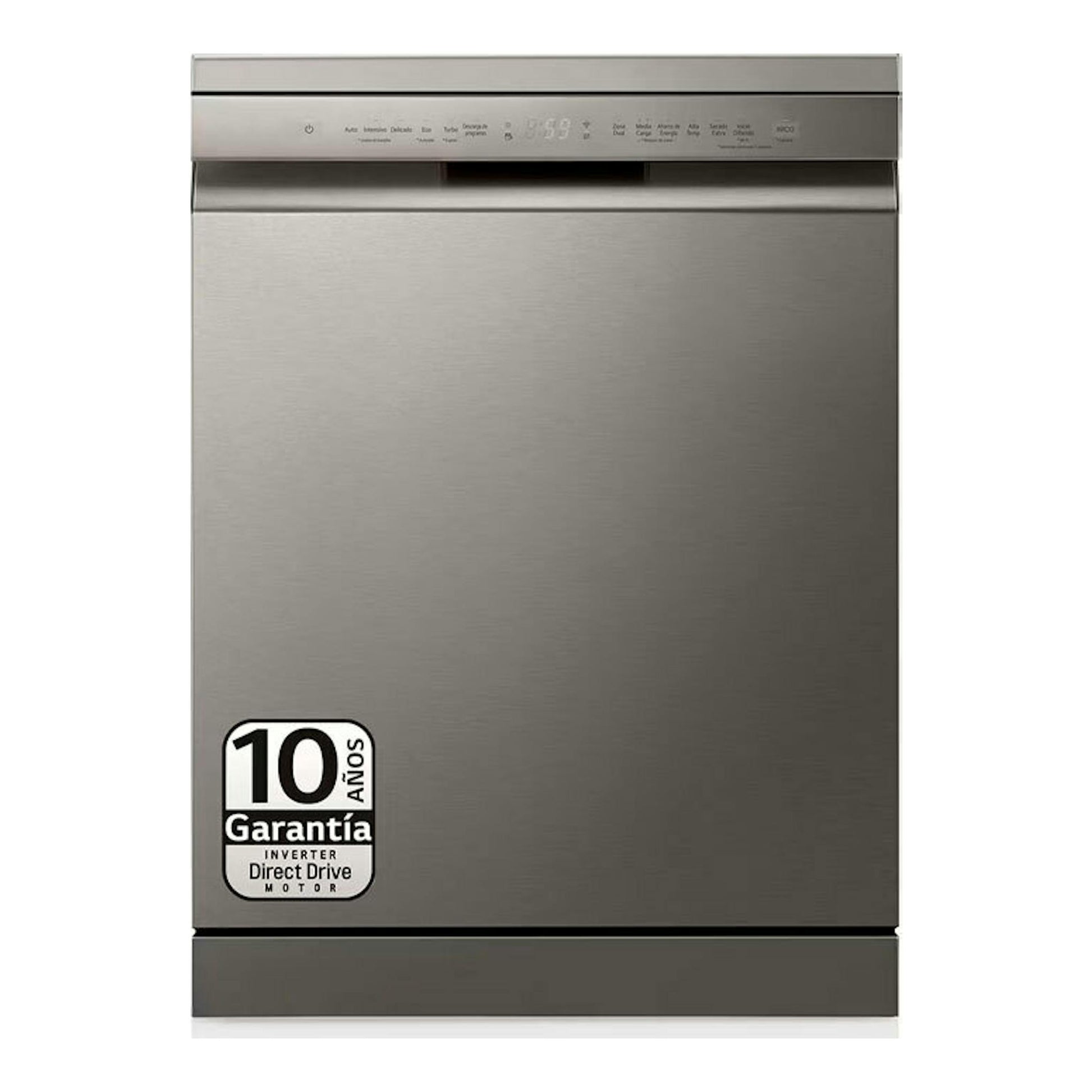 Lavavajillas LG DF355FP inox, vista frontal, panel superior y puerta de acero cepillado.