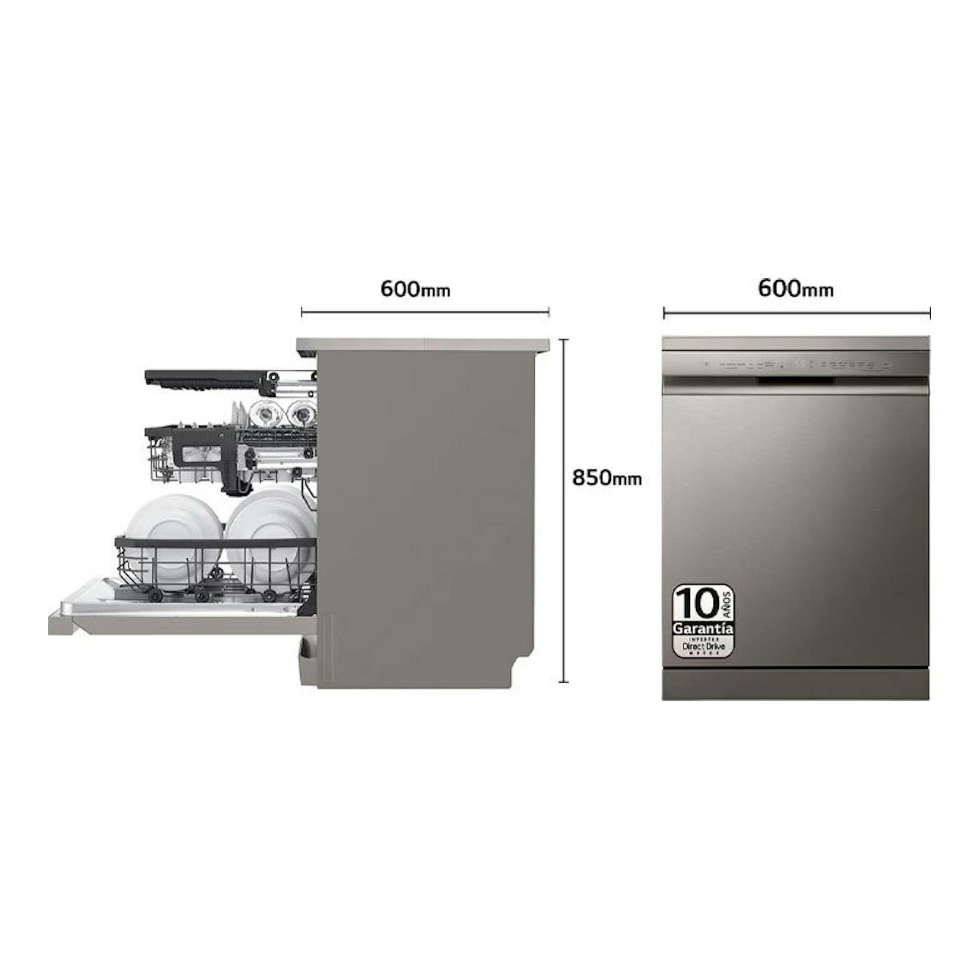 Lavavajillas LG DF355FP inox, vista frontal y lateral, con medidas 600 mm de ancho y 850 mm de alto.