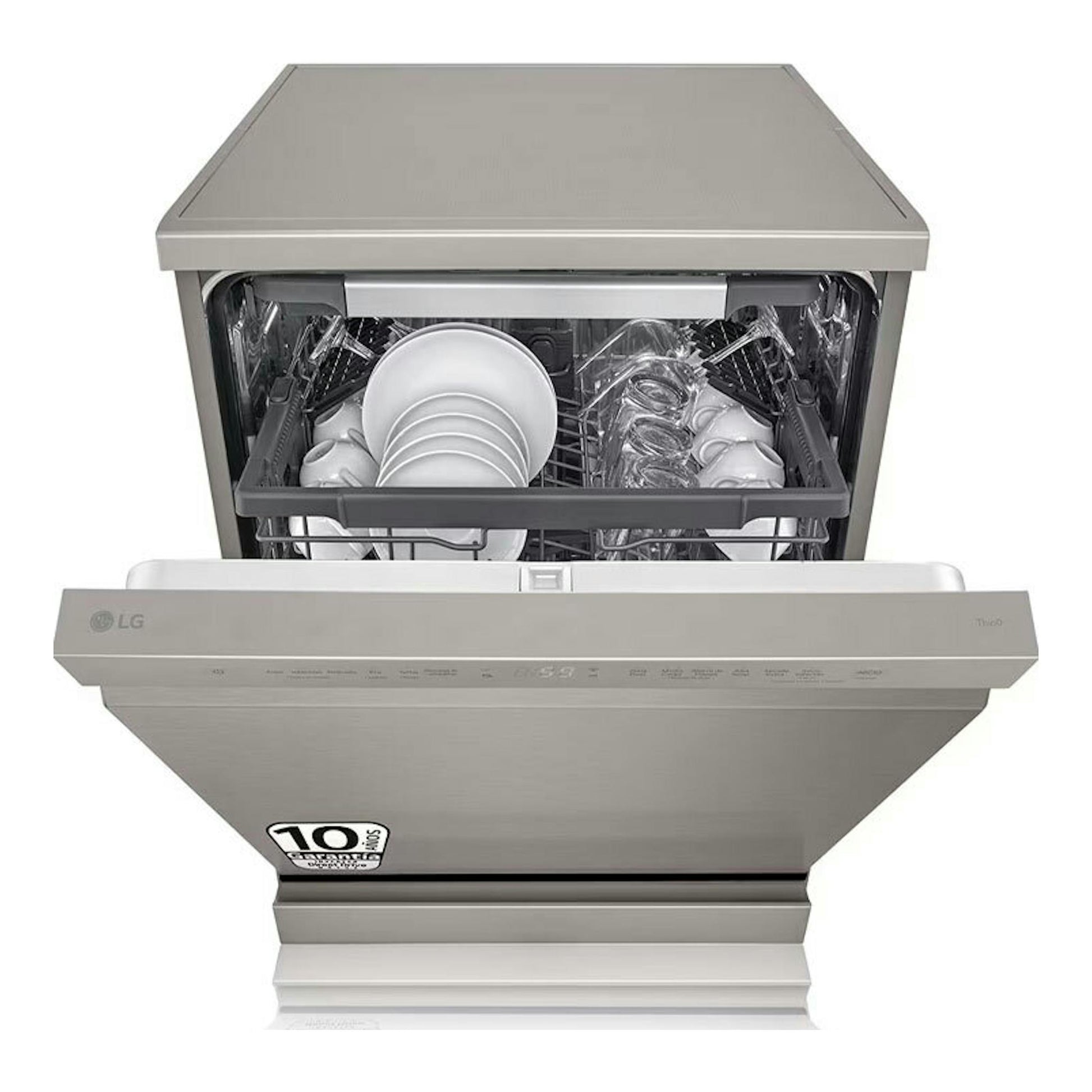Lavavajillas LG DF355FP inox, vista frontal con la puerta abierta y platos en las cestas.