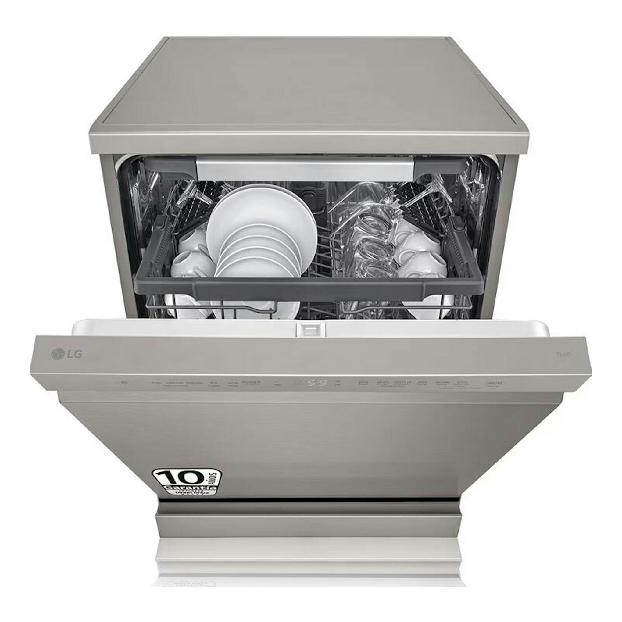 Lavavajillas LG DF355FP inox, vista frontal con la puerta abierta y platos en las cestas.
