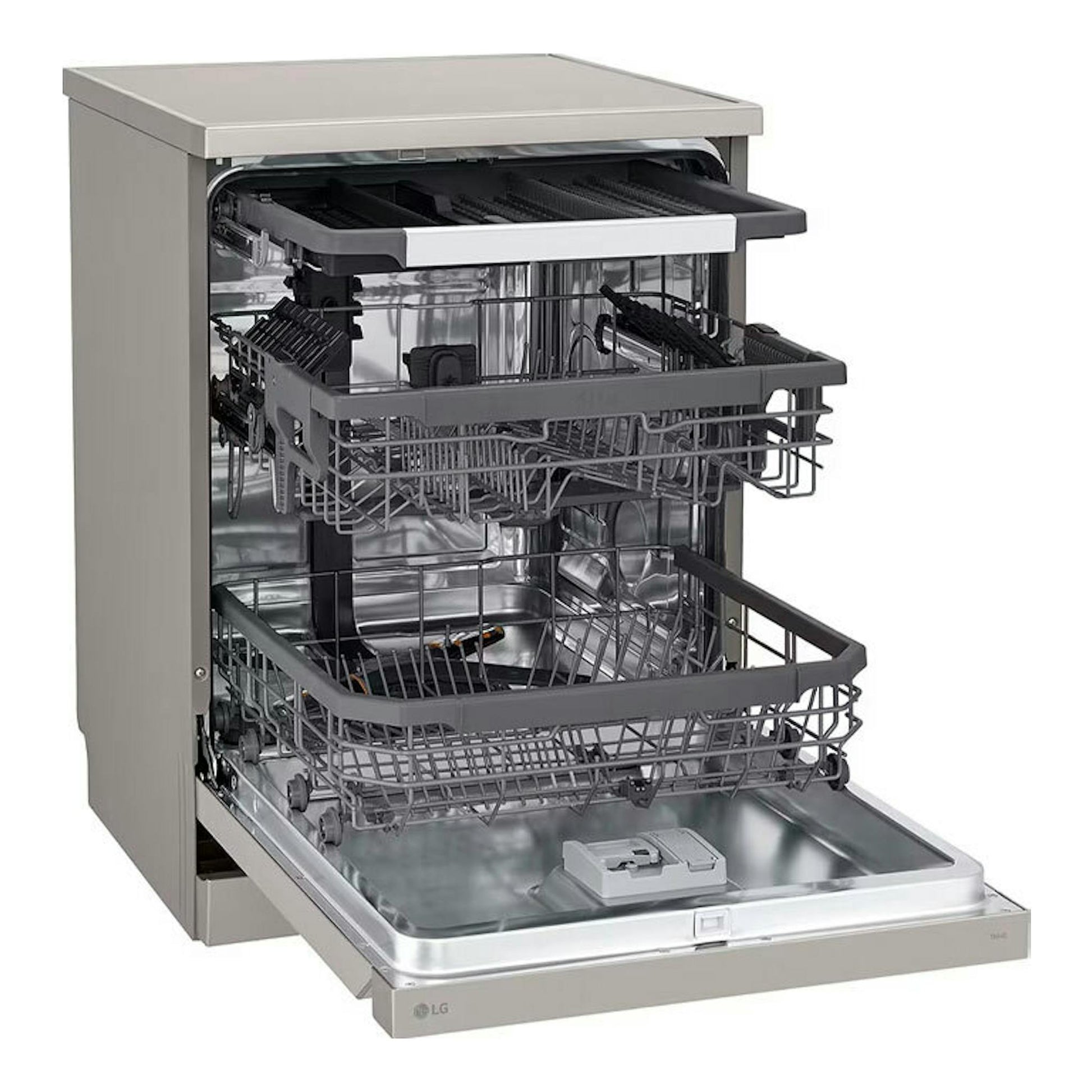 Lavavajillas LG DF355FP de 60 cm en inox, vista frontal con la puerta abierta y cestas interiores visibles.