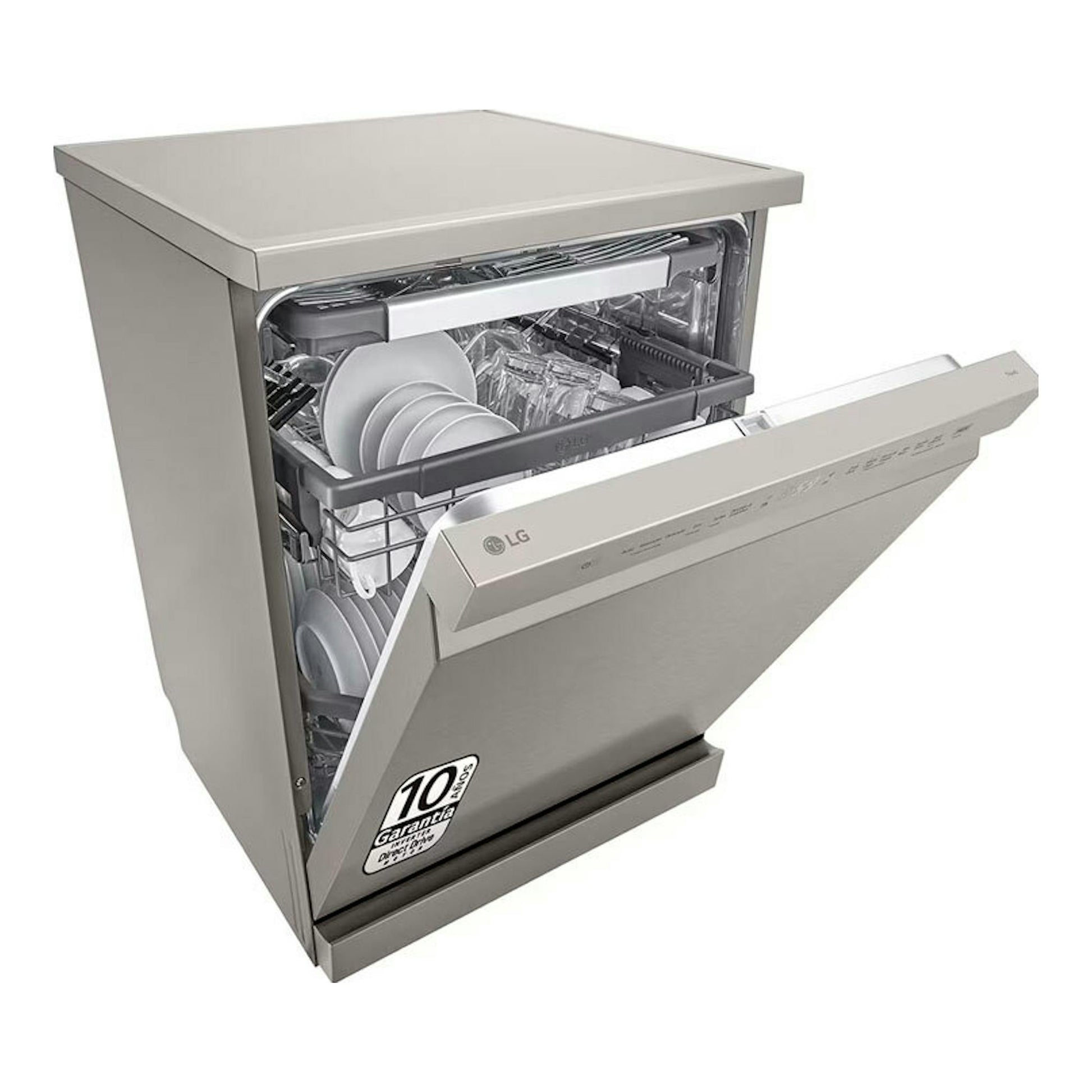 Lavavajillas LG DF355FP inox, vista frontal en ángulo con la puerta abierta.