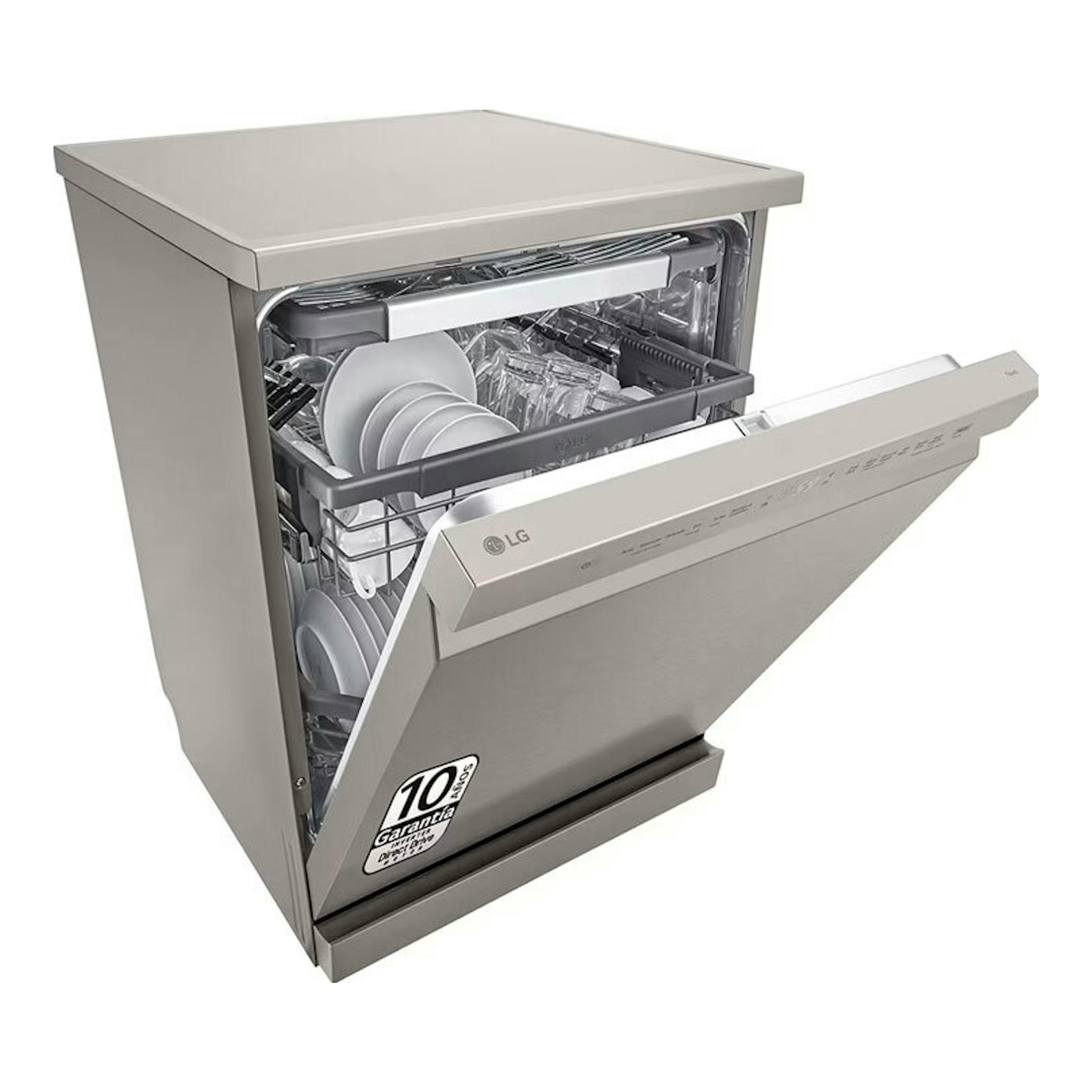 Lavavajillas LG DF355FP inox, vista frontal en ángulo con la puerta abierta.