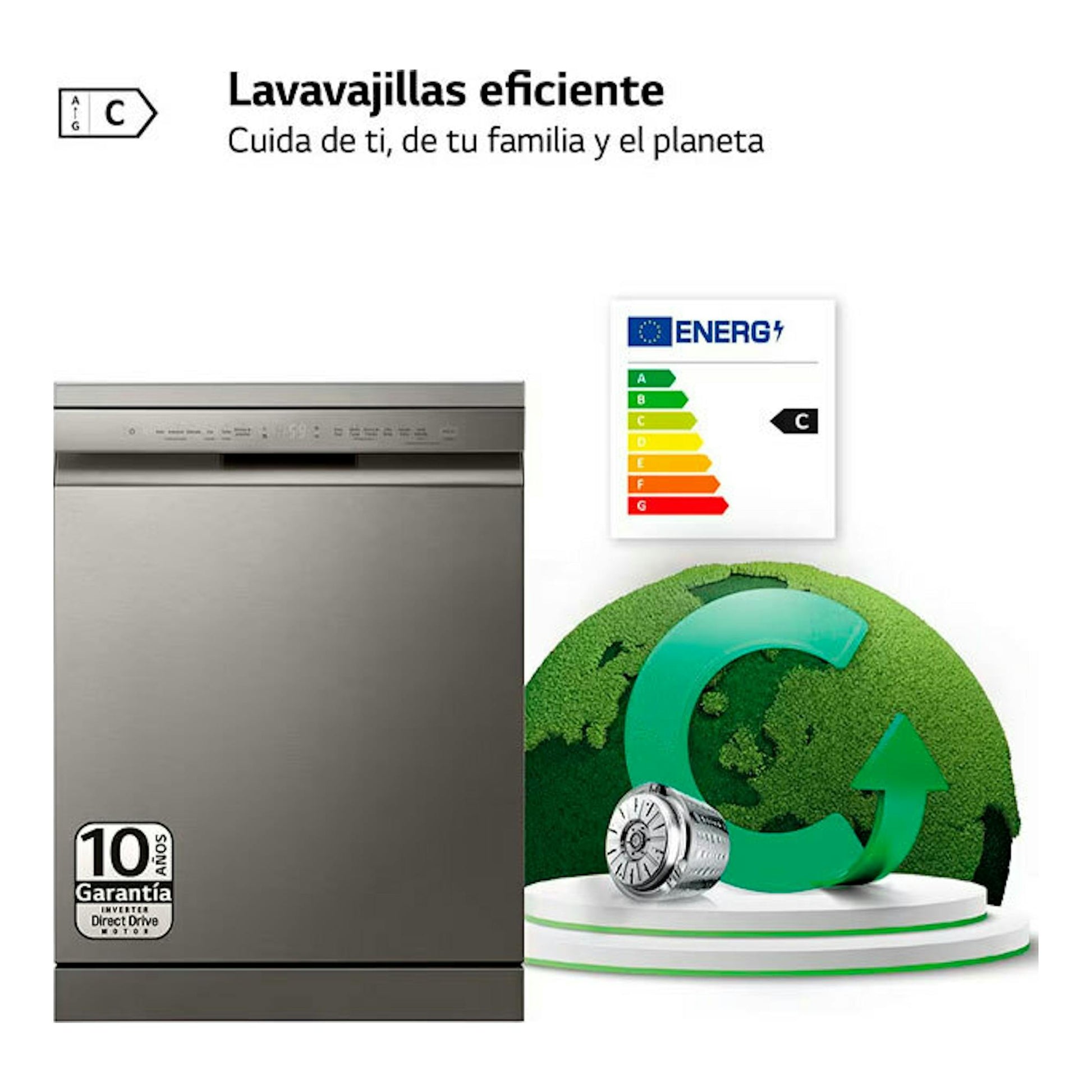 Lavavajillas LG DF355FP 60 cm inox, vista frontal, con etiqueta energética C y gráfico ecológico.