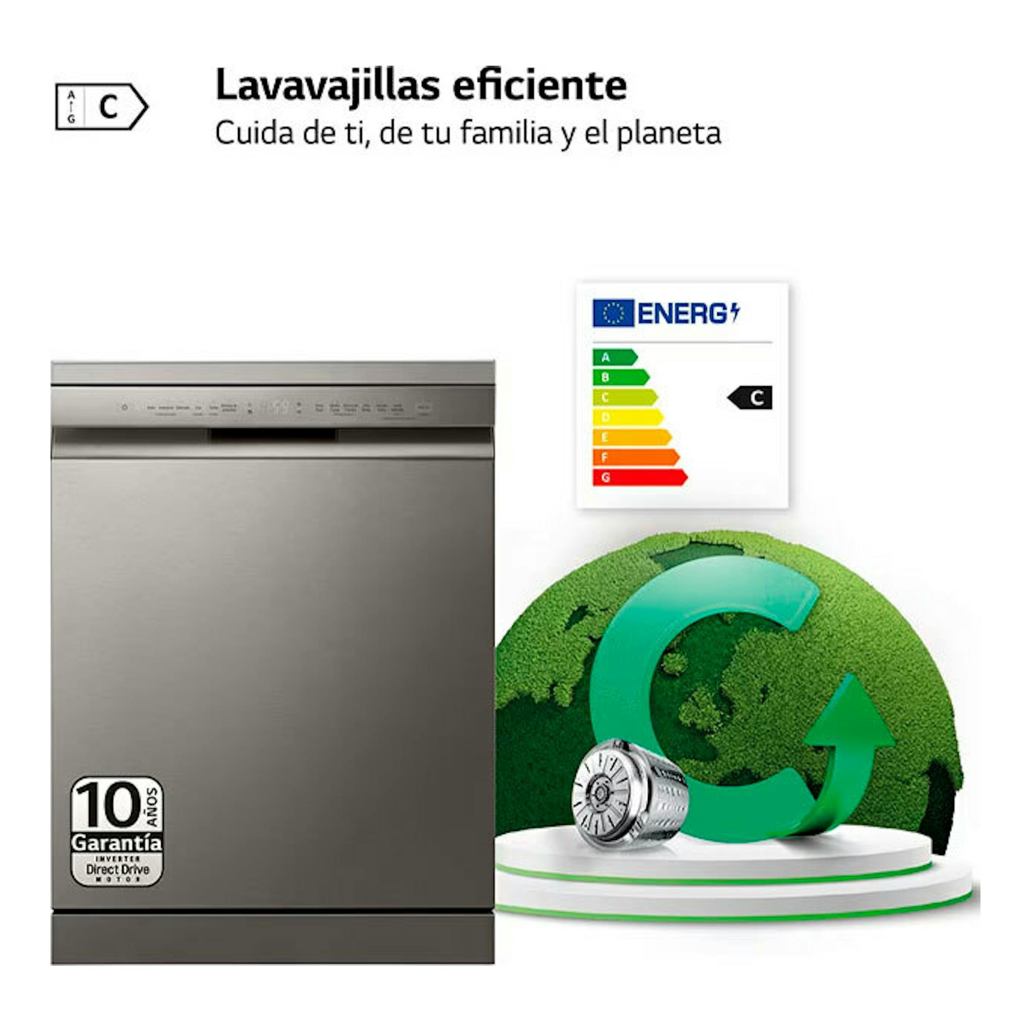 Lavavajillas LG DF355FP 60 cm inox, vista frontal, con etiqueta energética C y gráfico ecológico.