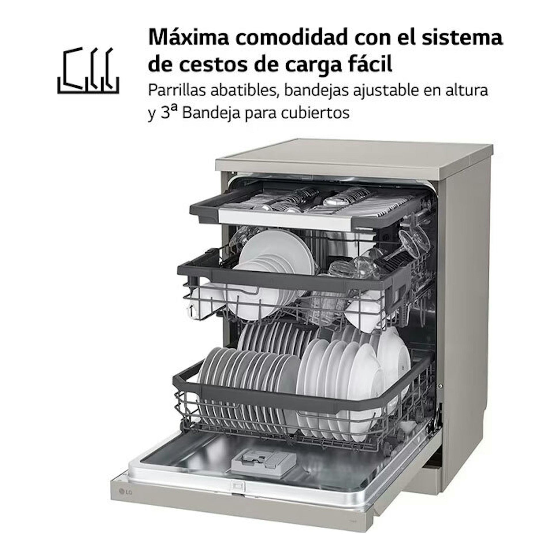 Lavavajillas LG DF355FP inox, vista frontal con puerta abierta y tres cestas cargadas de vajilla.