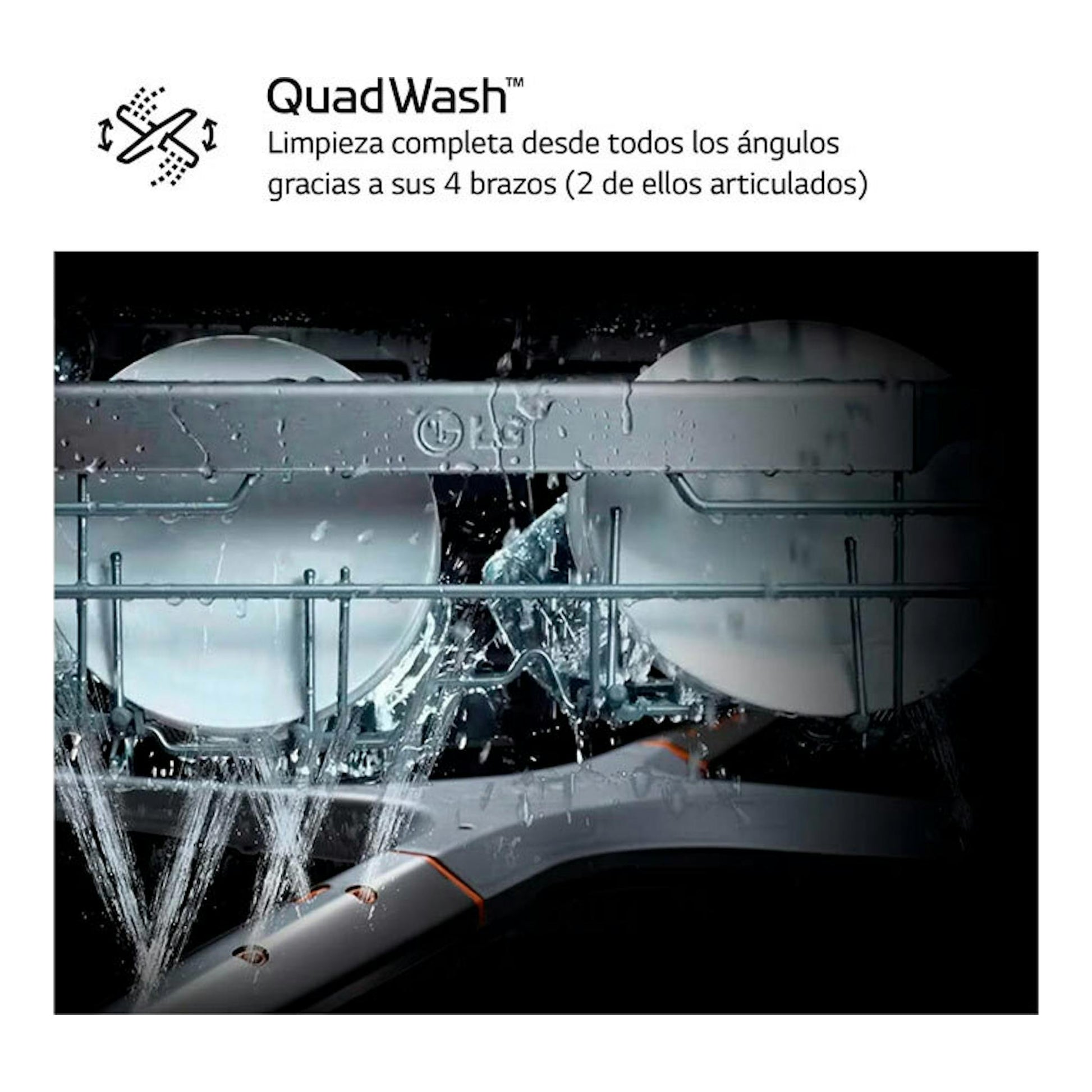 LG QuadWash: interior de lavavajillas con cuatro brazos rociadores y platos, vista frontal.