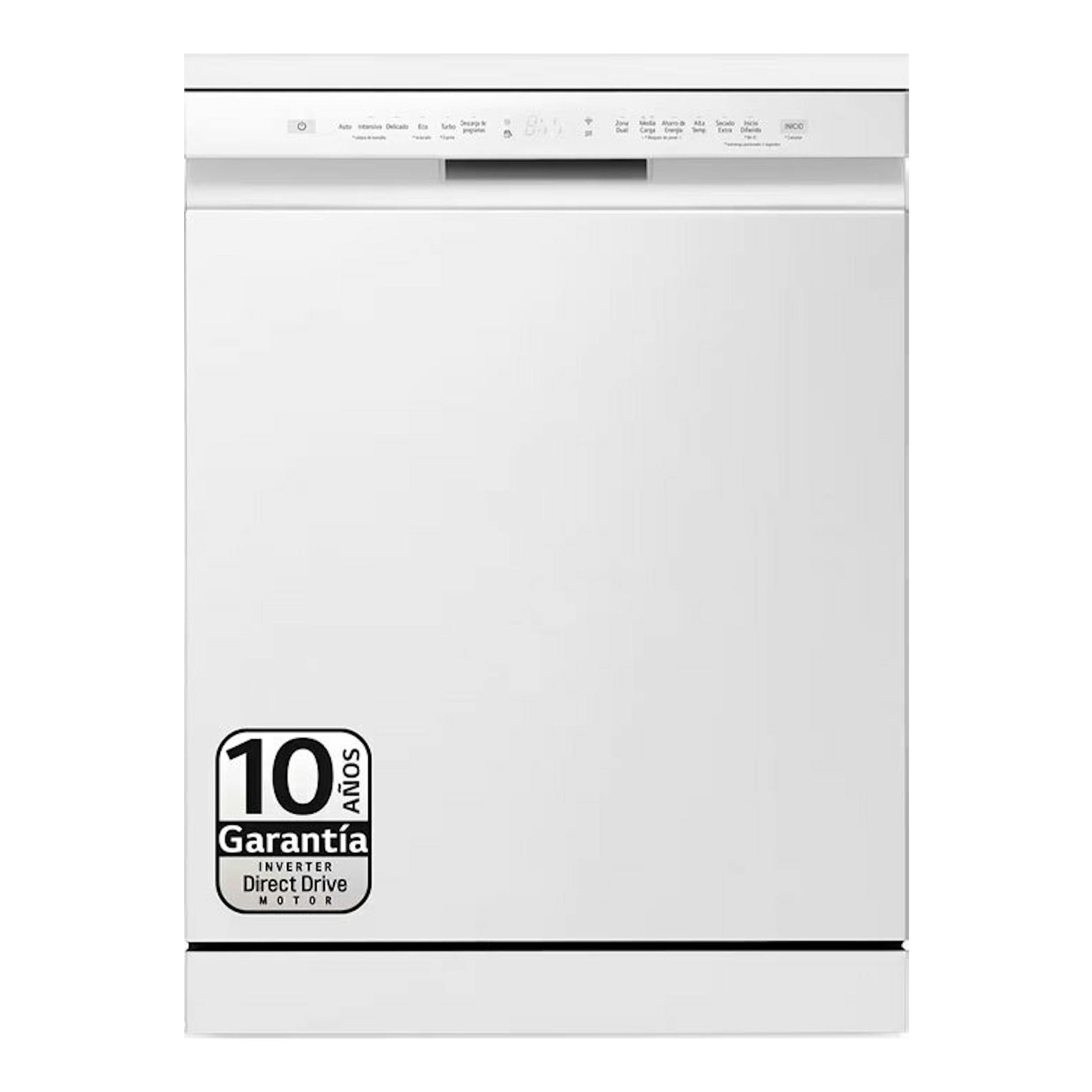 Lavavajillas LG DF355FW de 60 cm, blanco, vista frontal con panel superior de mandos.