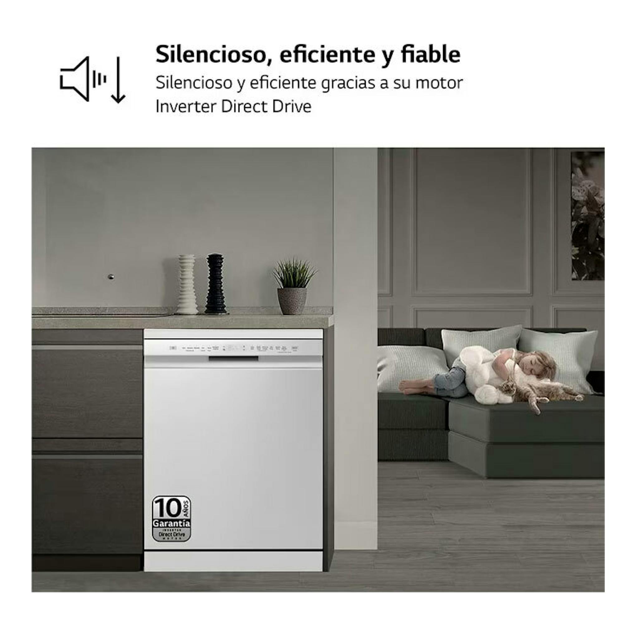 Lavavajillas LG DF355FW blanco, vista frontal, integrado en una cocina moderna.