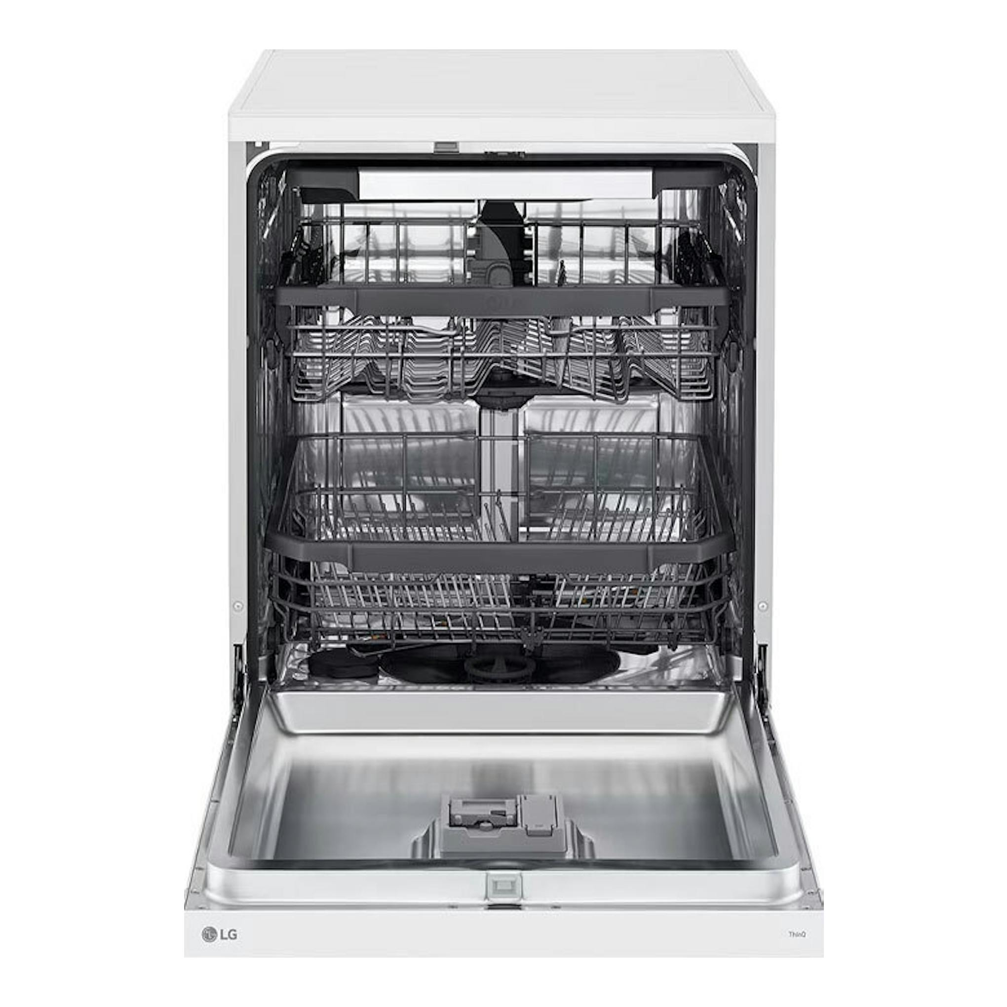 Lavavajillas LG DF355FW blanco, vista frontal abierta con cestas interiores y puerta abatida.