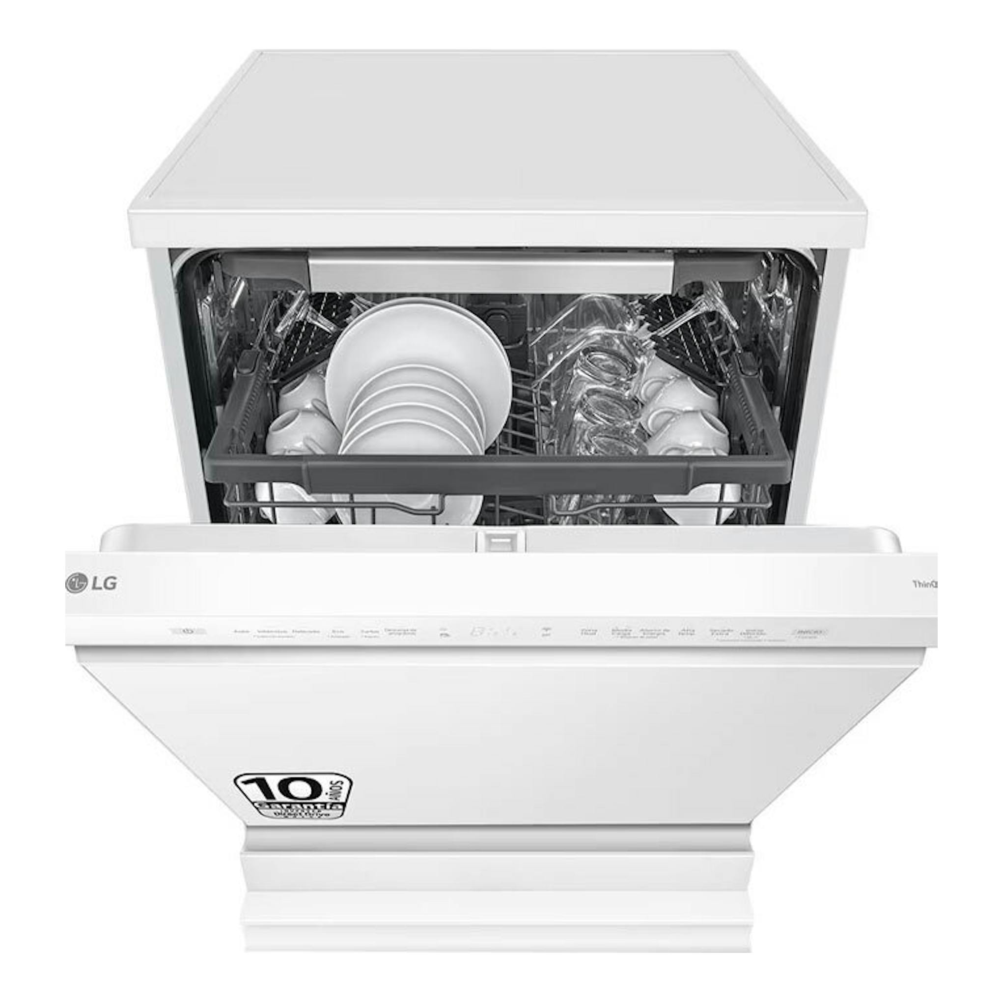 Lavavajillas LG DF355FW blanco de 60 cm, vista frontal con puerta abierta y vajilla en el interior.