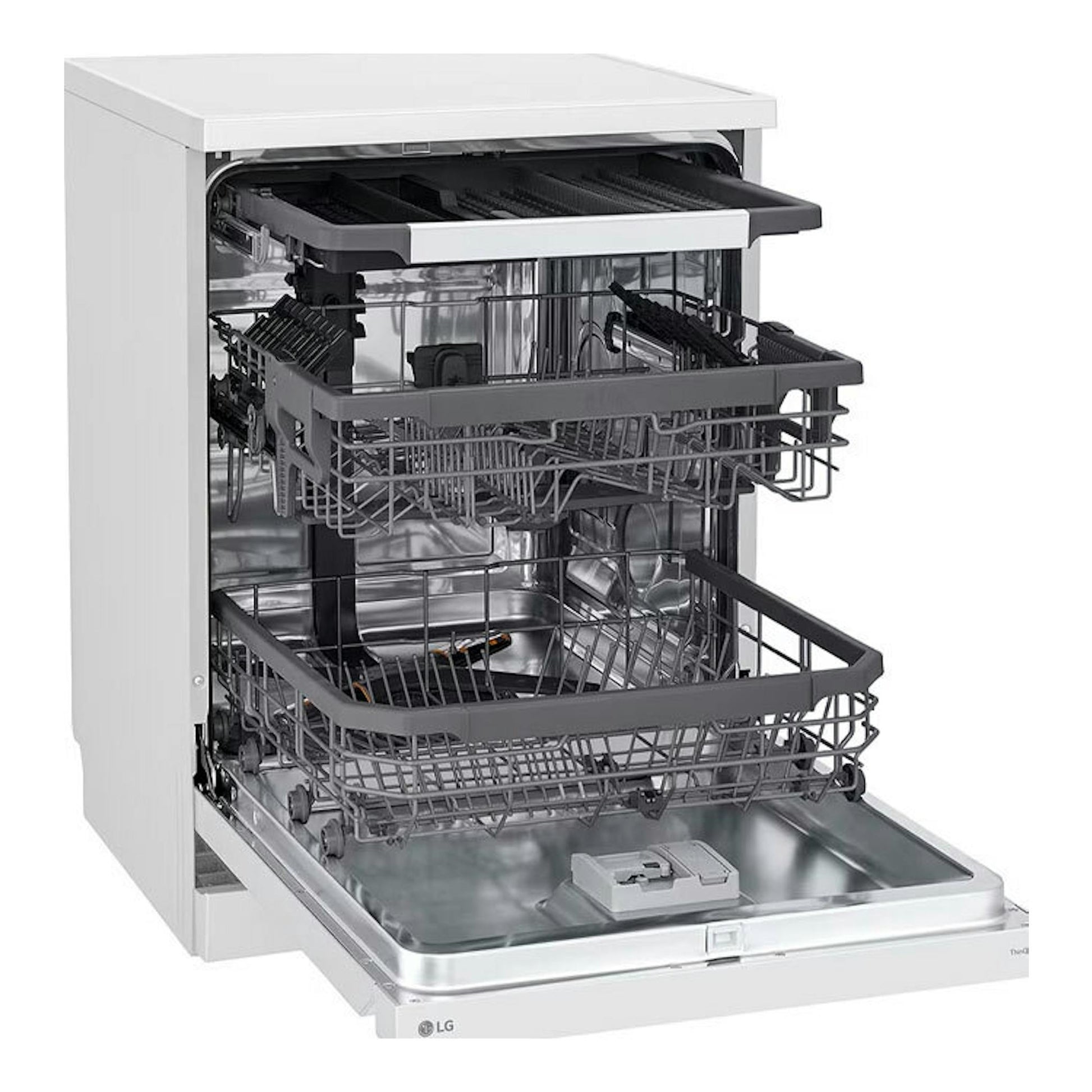 Lavavajillas LG DF355FW blanco, vista frontal abierta con cestas y bandeja interior.