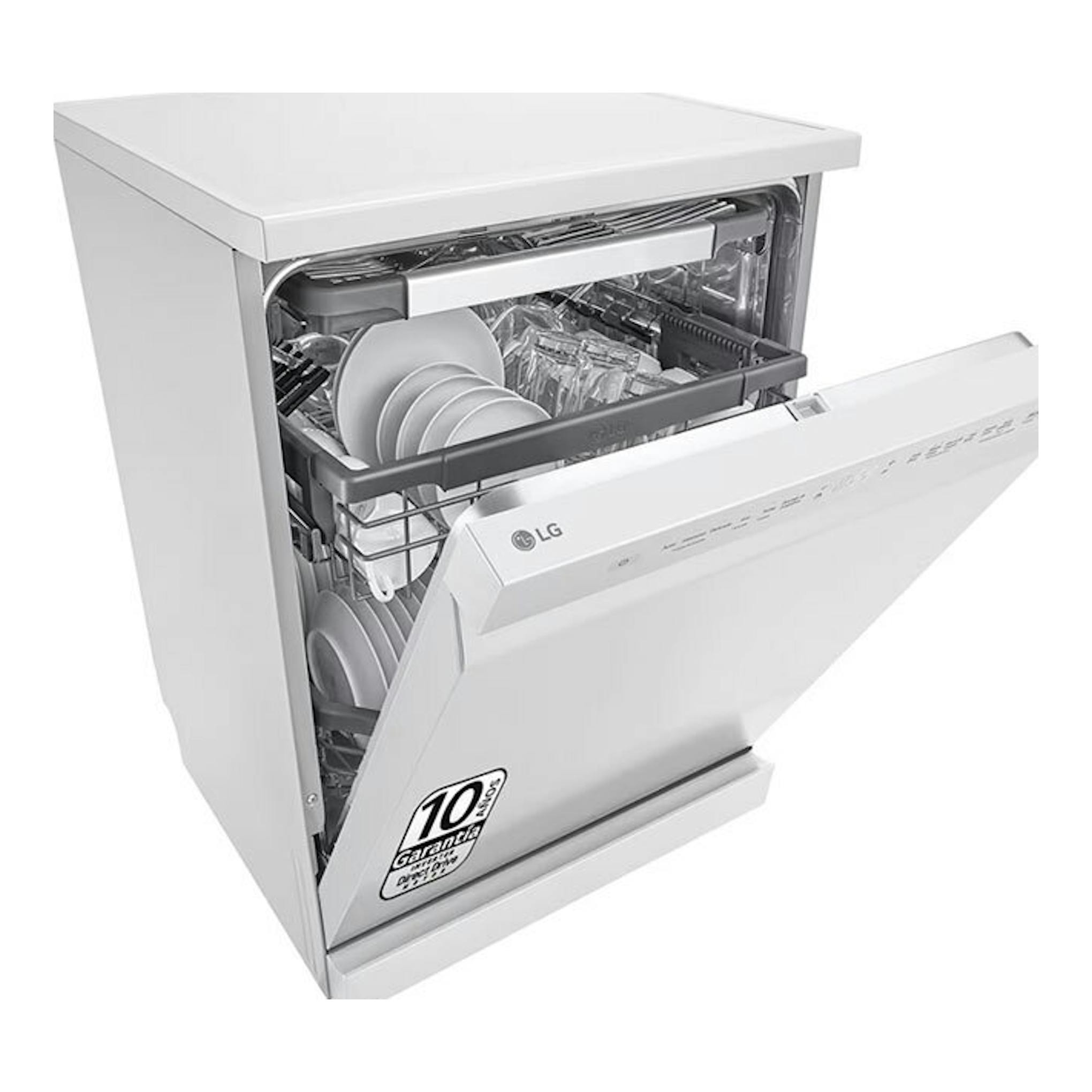 Lavavajillas LG DF355FW blanco, vista frontal izquierda con la puerta abierta y cestos interiores visibles.