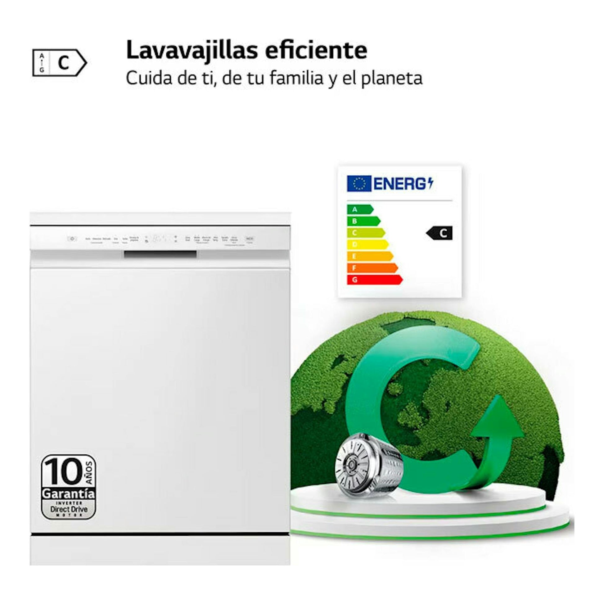 Lavavajillas LG DF355FW blanco, vista frontal, con etiqueta energética C y garantía de 10 años.