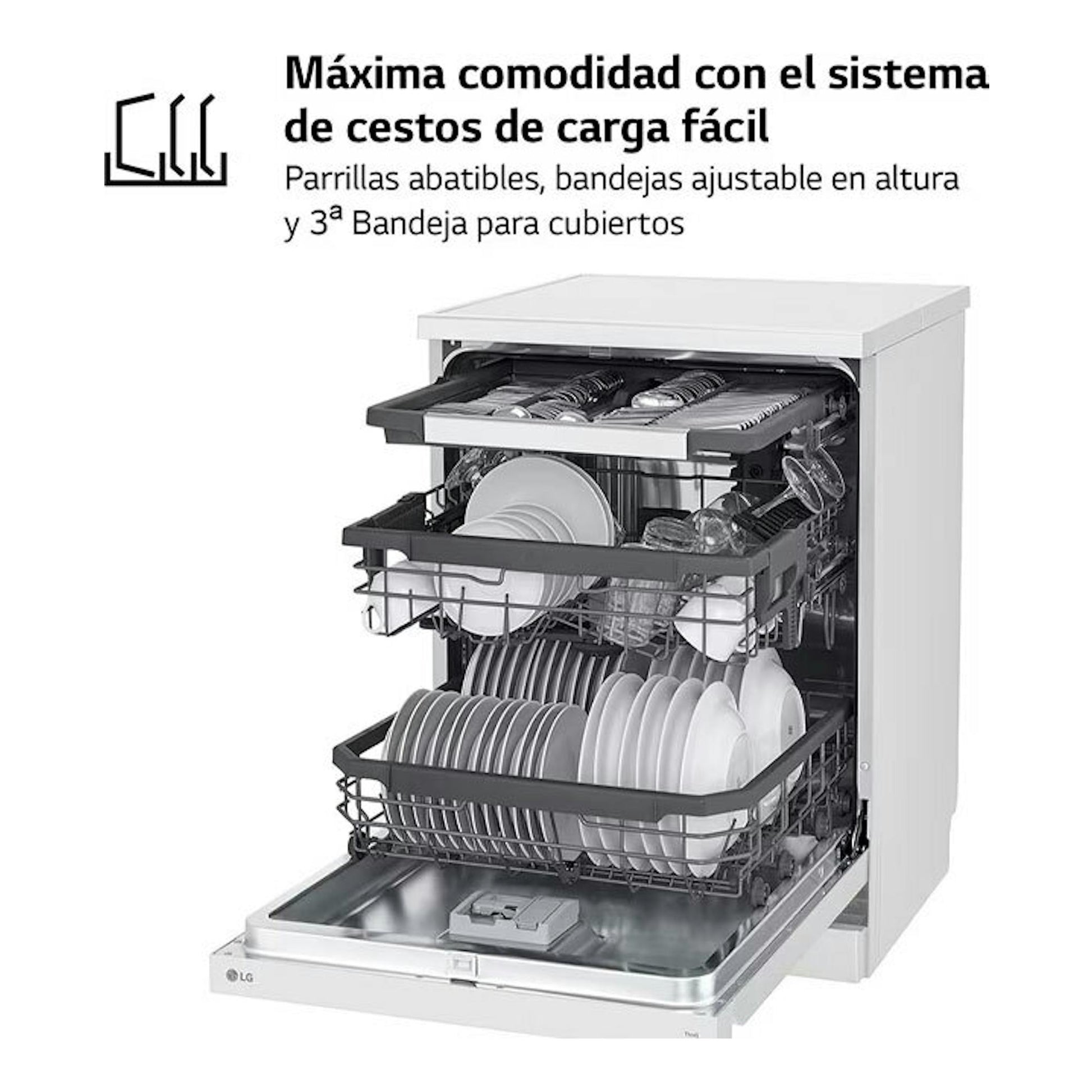 Lavavajillas LG DF355FW blanco, vista frontal con la puerta abierta y tres cestas cargadas.