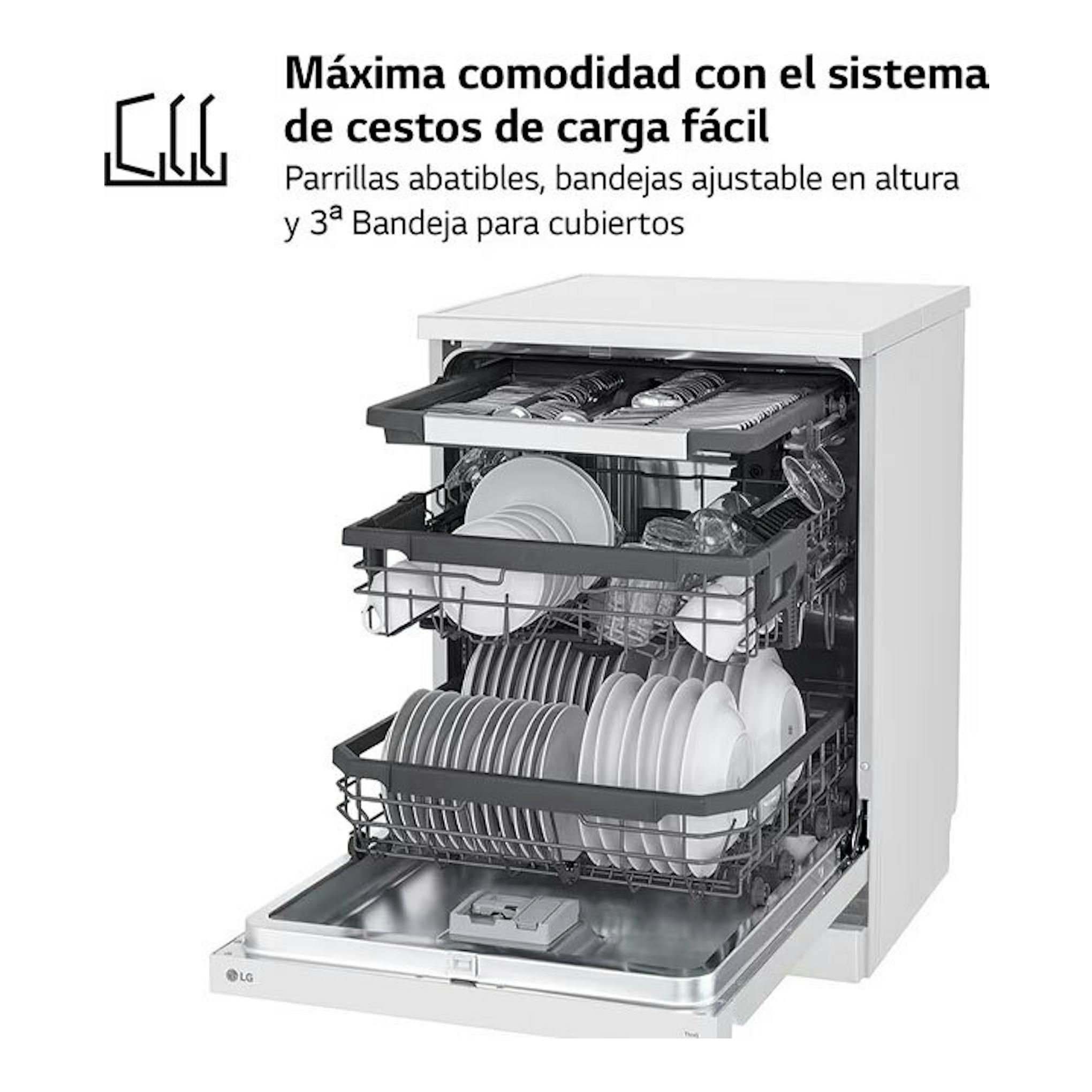 Lavavajillas LG DF355FW blanco, vista frontal con la puerta abierta y tres cestas cargadas.