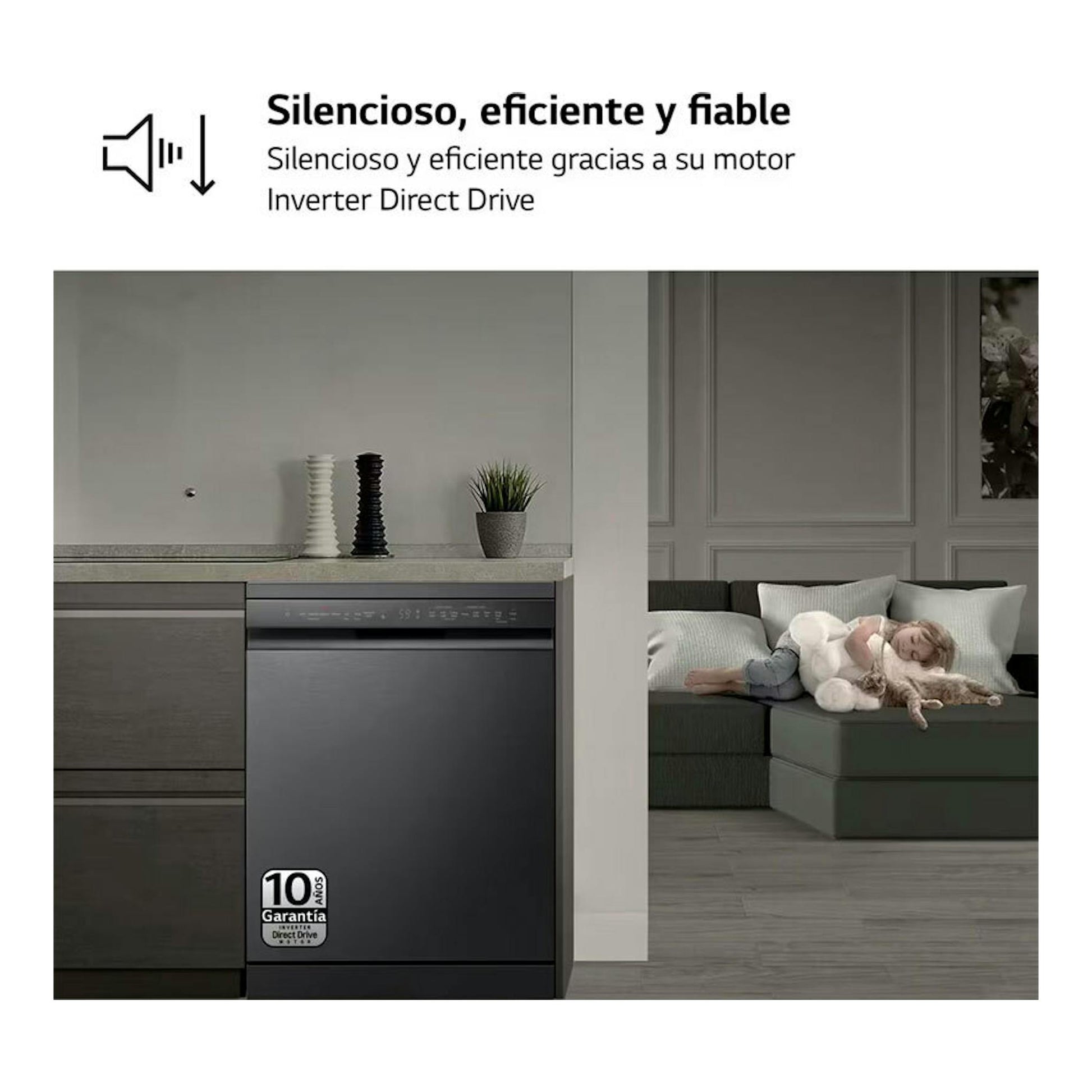 Lavavajillas LG DF365FMS negro, vista frontal empotrada en cocina, con panel superior táctil.