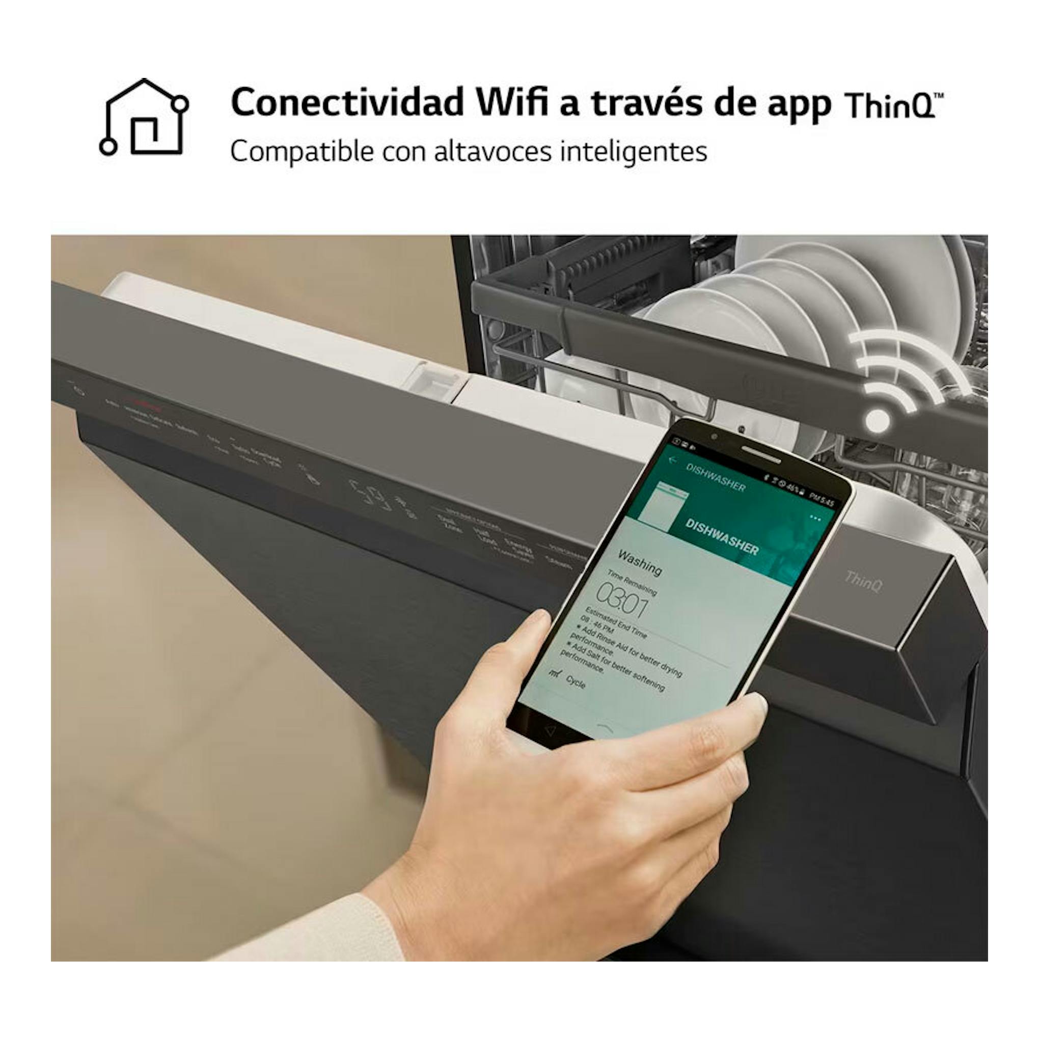 Lavavajillas LG DF365FMS negro, con puerta abierta, cesta interior y móvil con la app ThinQ.