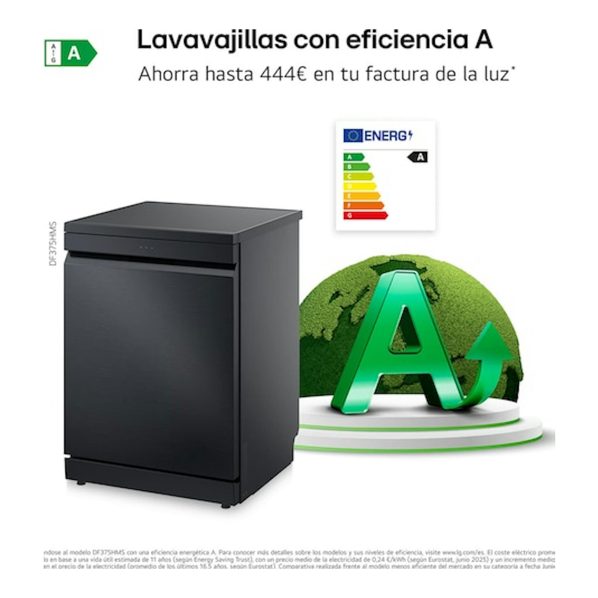 Lavavajillas LG DF375HMS negro, vista frontal en 3/4, con etiqueta energética A y texto promocional.