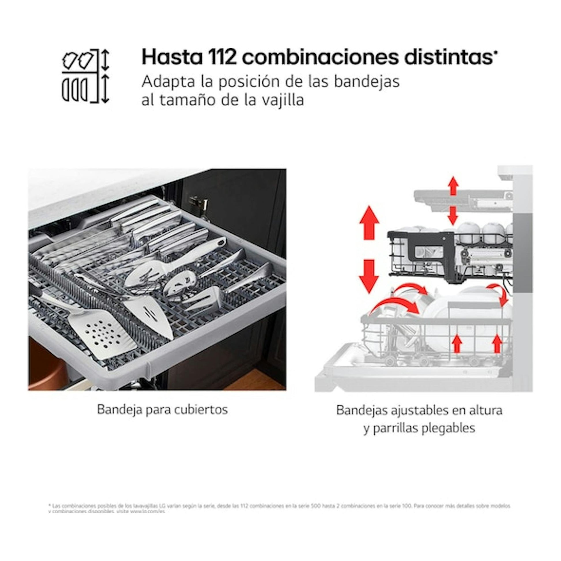 LG DF375HMS: bandeja para cubiertos y cestas ajustables en un lavavajillas, con texto de “112 combinaciones”.