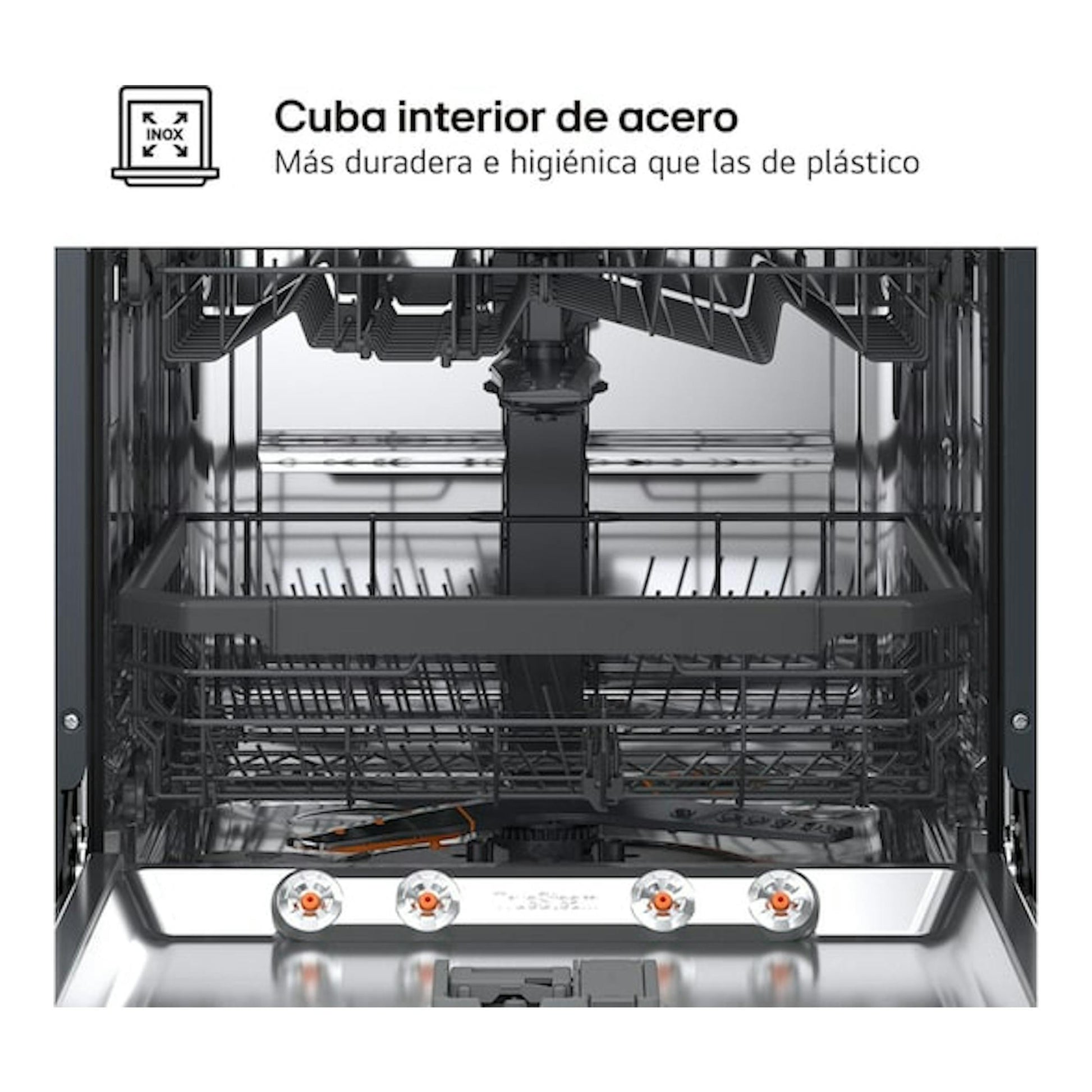 Interior frontal de lavavajillas LG DF375HMS en acero inoxidable, con cestas y aspersores.