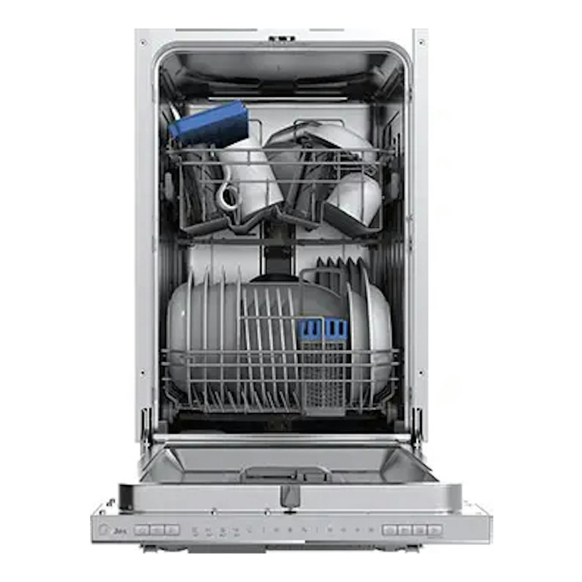 Lavavajillas integrable Midea MDWEB1004LS-W abierto, vista frontal, acabado inoxidable.