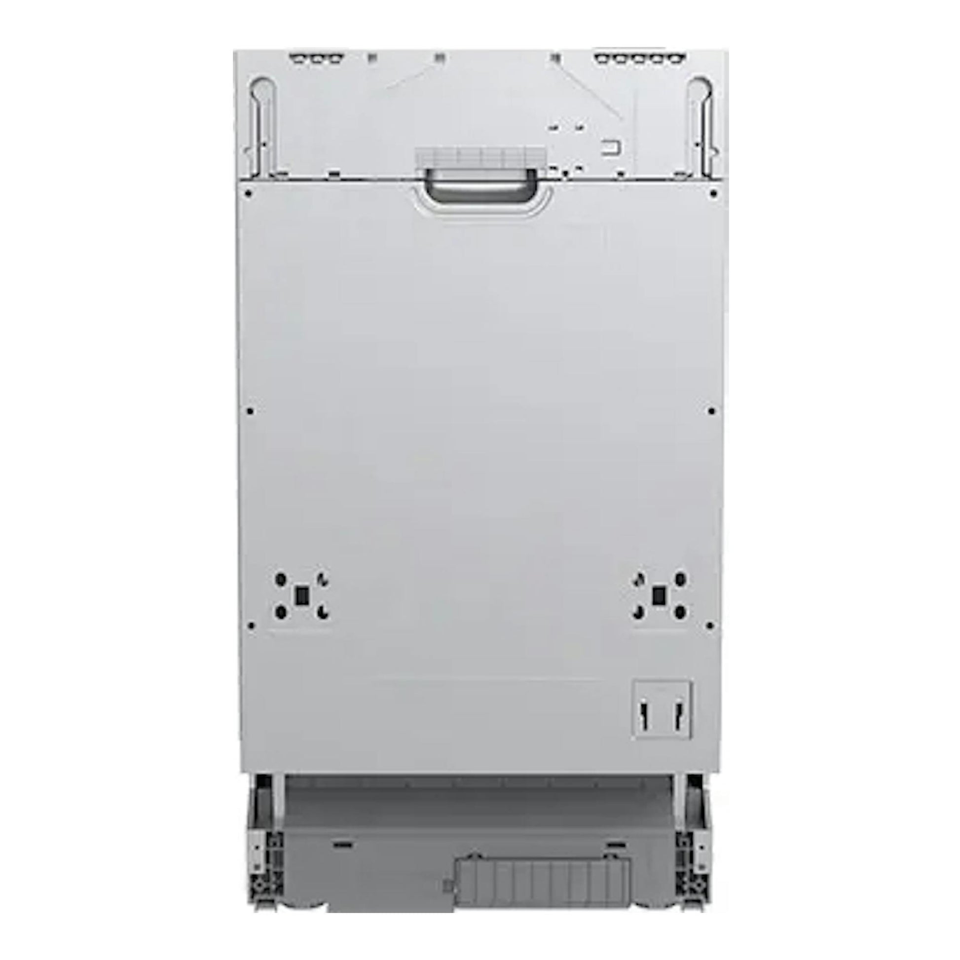 Lavavajillas Midea MDWEB1004LS-W integrable, vista trasera, panel gris.