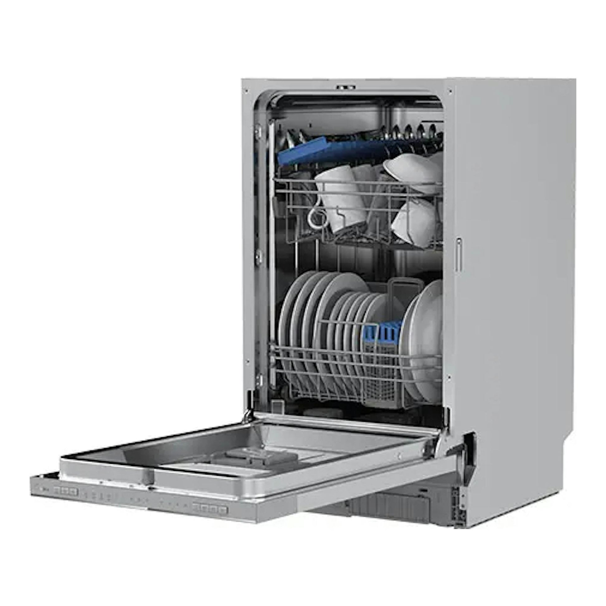 Lavavajillas integrable Midea MDWEB1004LS-W, vista frontal, puerta abatible abierta, interior con cestos y vajilla.