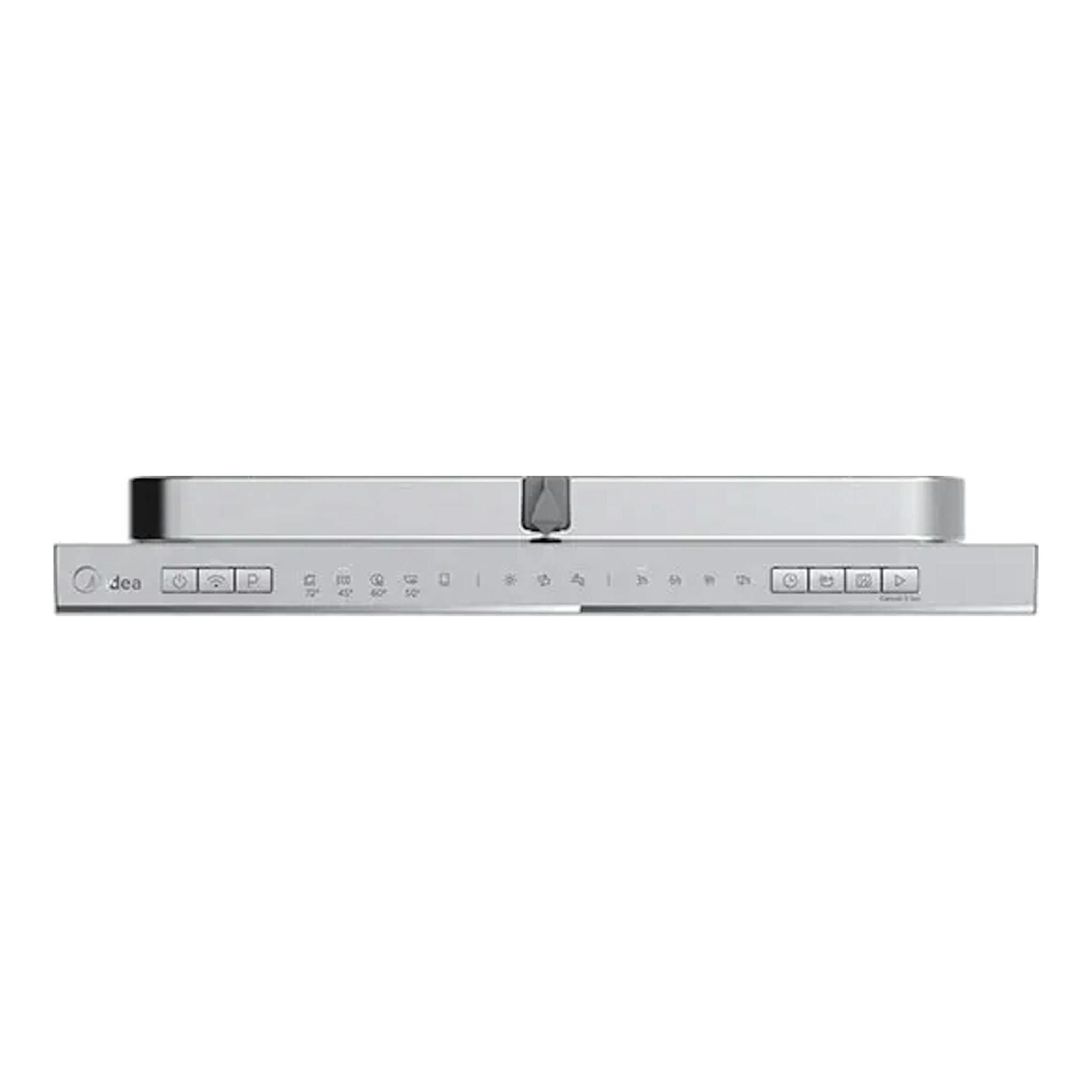 Lavavajillas integrable Midea MDWEB1004LS-W, vista frontal del panel superior en blanco y plata.