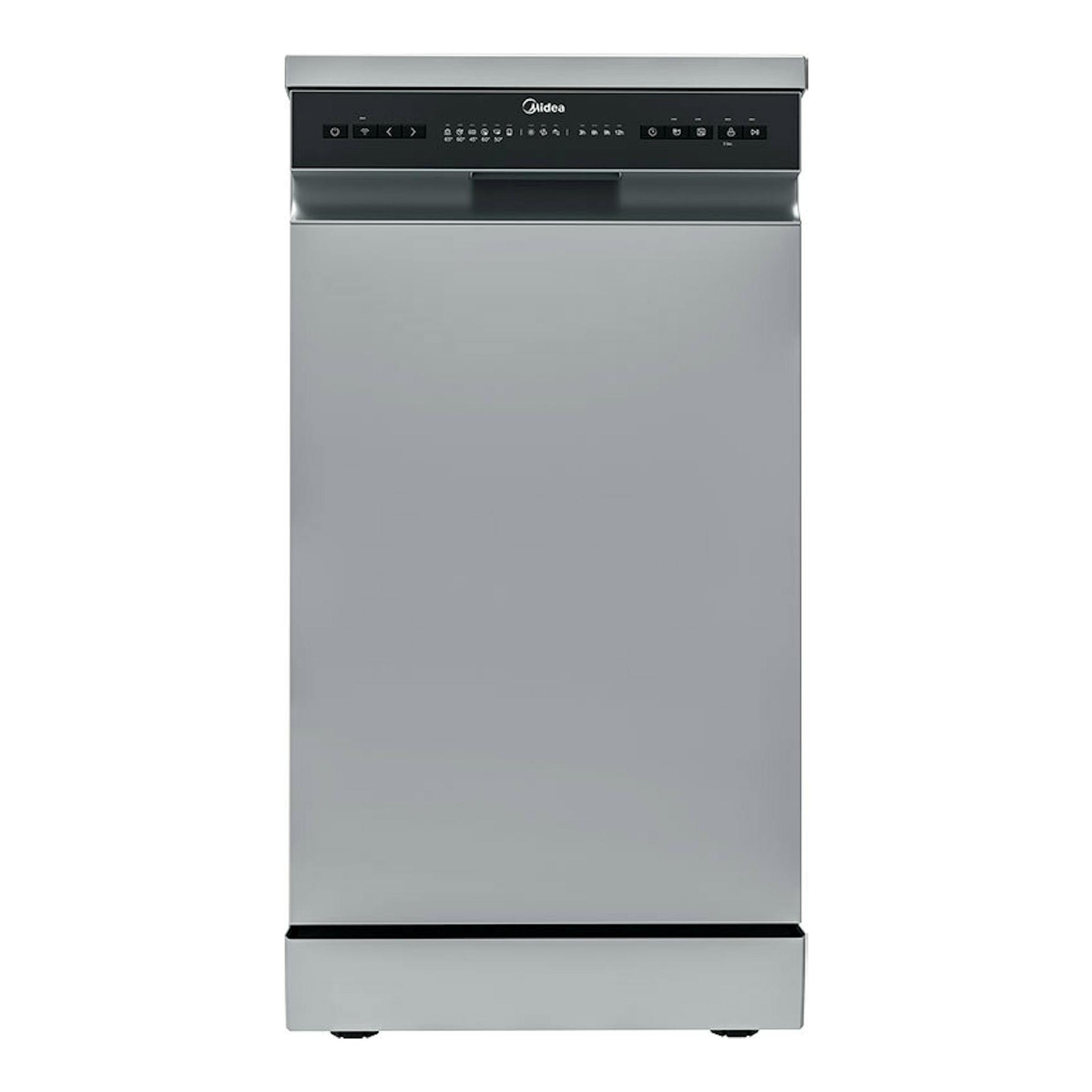 Lavavajillas Midea MDWEF1034CSS-WG-EU de 45 cm, vista frontal, acero inoxidable y panel negro.