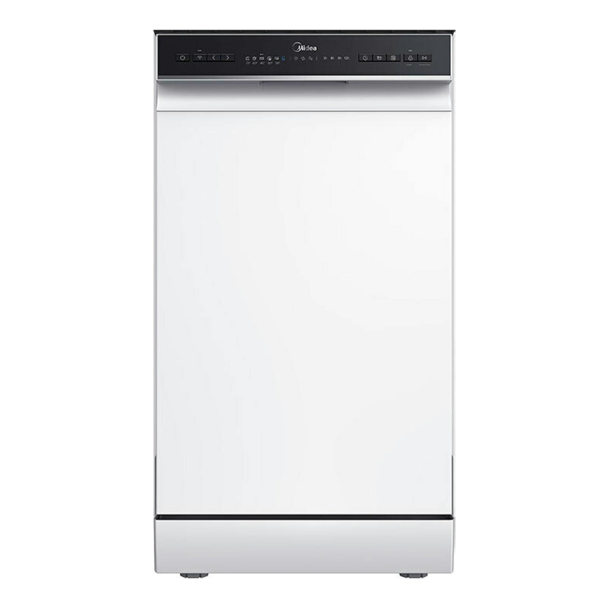 Lavavajillas Midea MDWEF1034CW-WG-EU blanco, vista frontal, con panel de control negro superior.