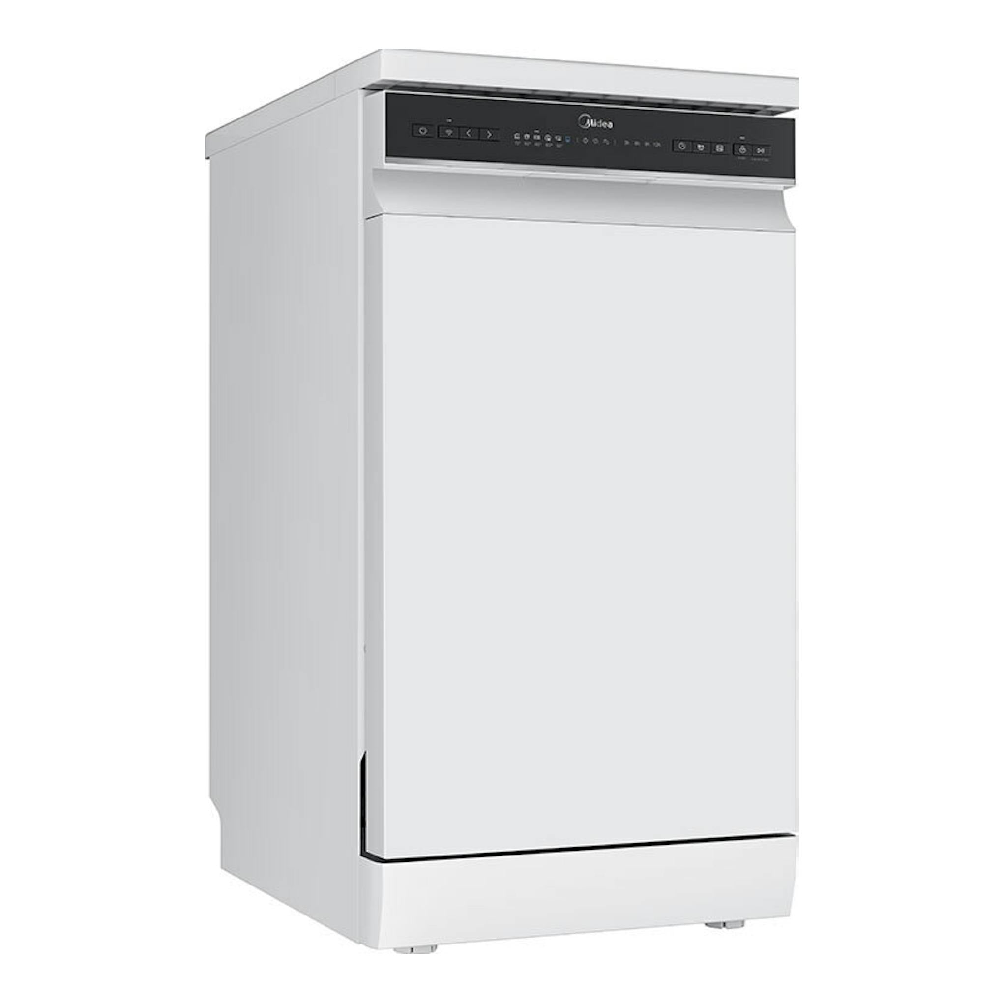 Lavavajillas Midea MDWEF1034CW-WG-EU blanco, vista frontal en ángulo, con panel negro superior.