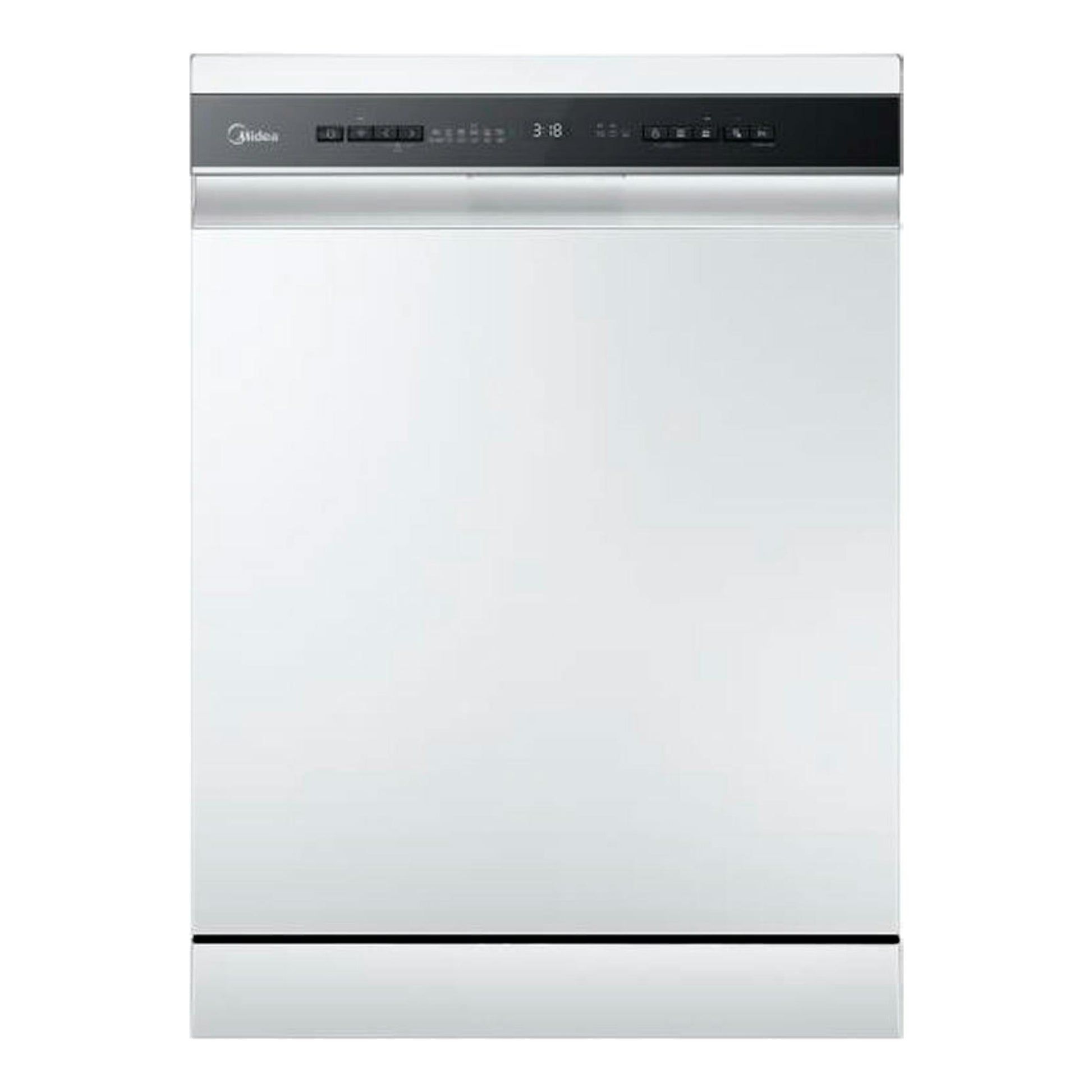 Lavavajillas Midea MDWEF1433DW-WA blanco, vista frontal, con panel de control negro en la parte superior.