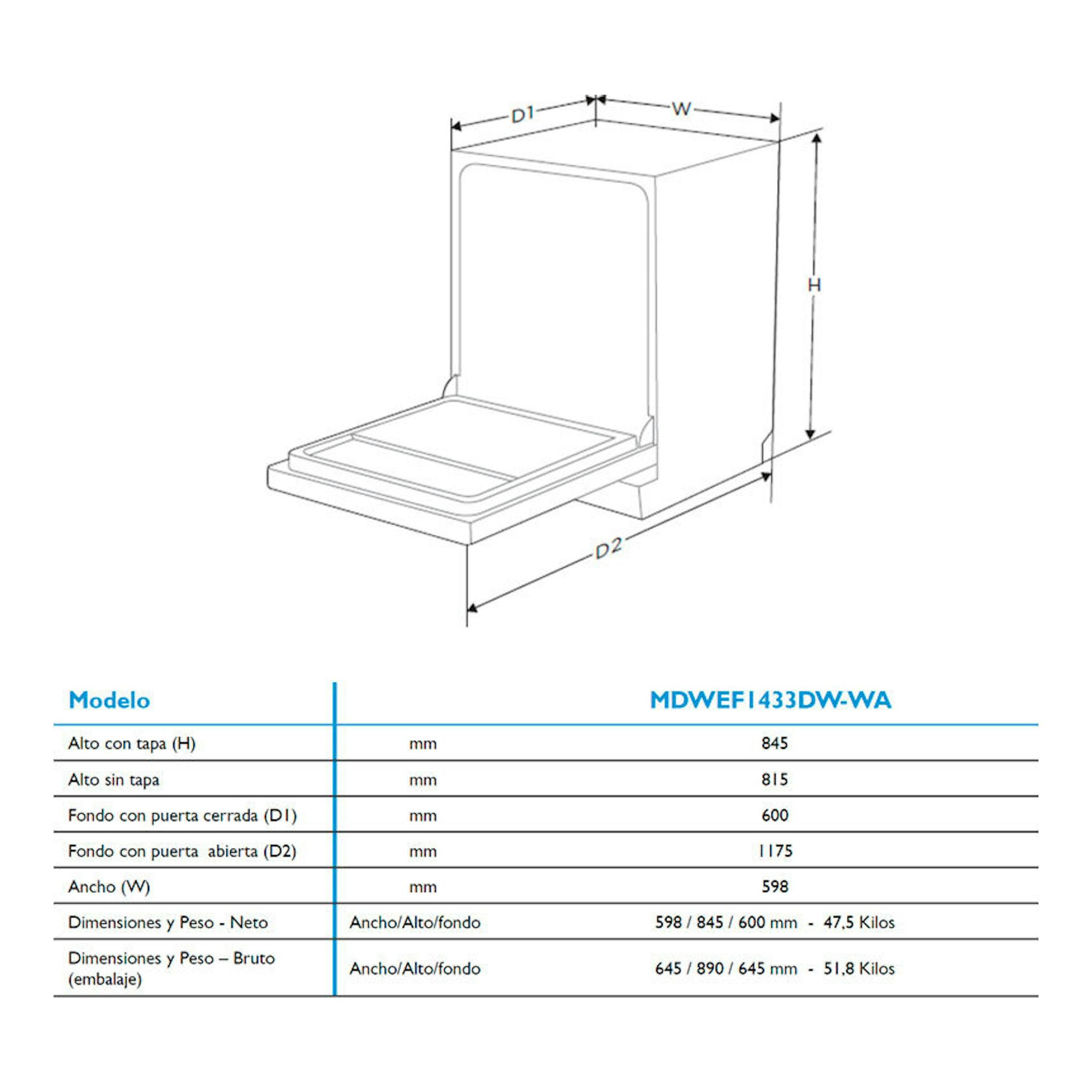 Lavavajillas Midea MDWEF1433DW-WA, esquema técnico en blanco con medidas y vista frontal con puerta abierta.