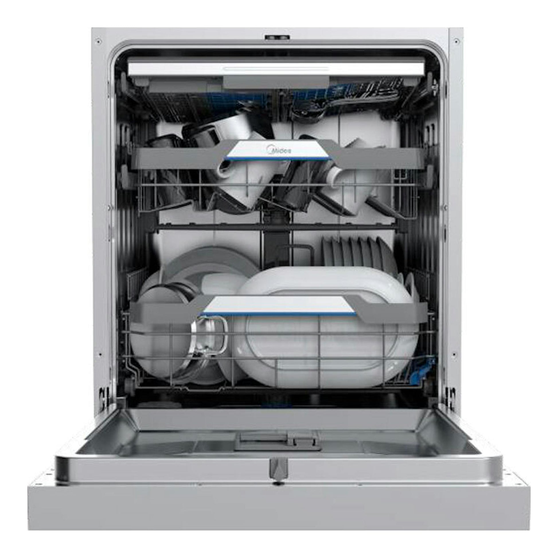 Lavavajillas Midea MDWEF1433DW-WA abierto, vista frontal, interior de acero inoxidable con cestas cargadas.